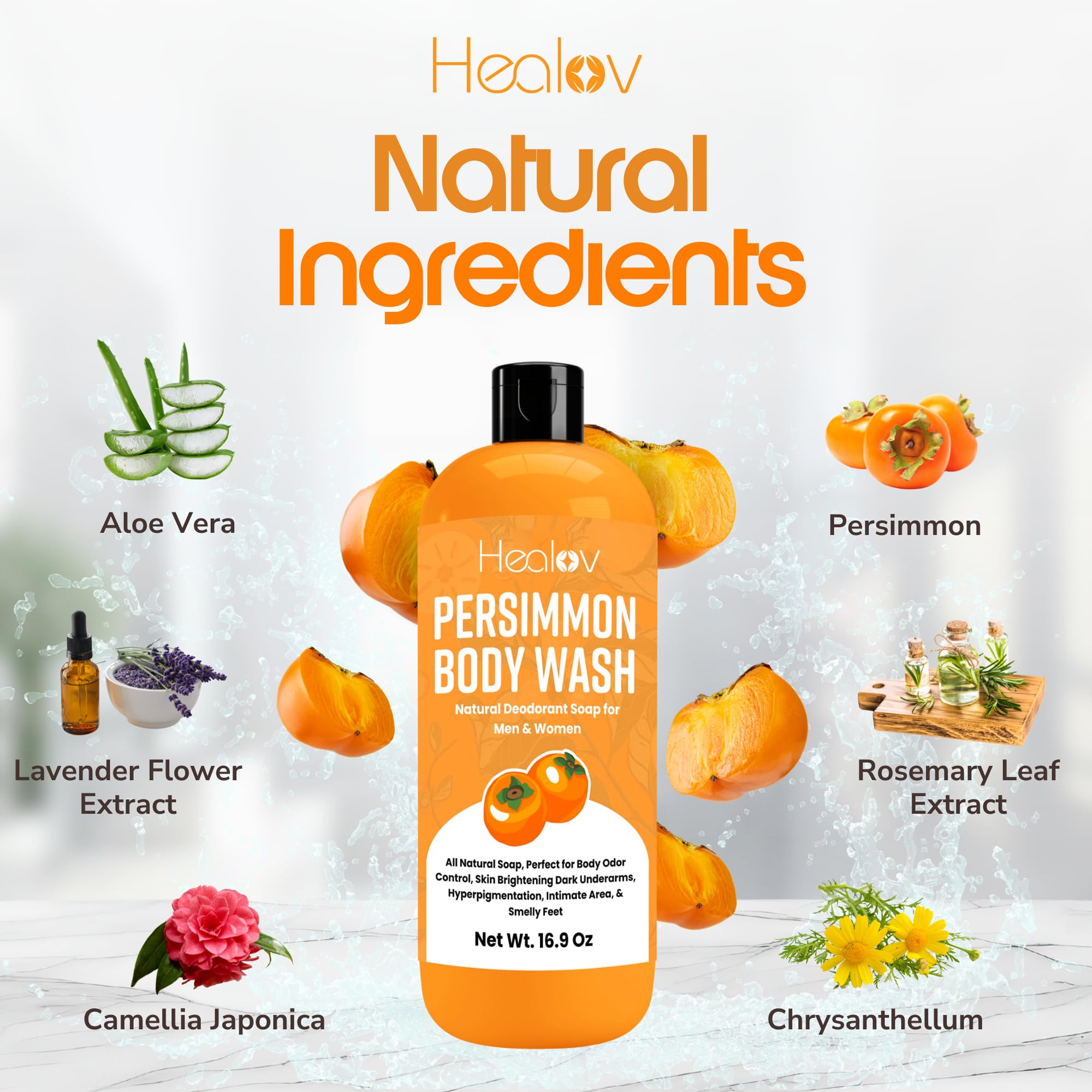 Healov Persimmon Envase Práctico: uso diario en la ducha con facilidad.