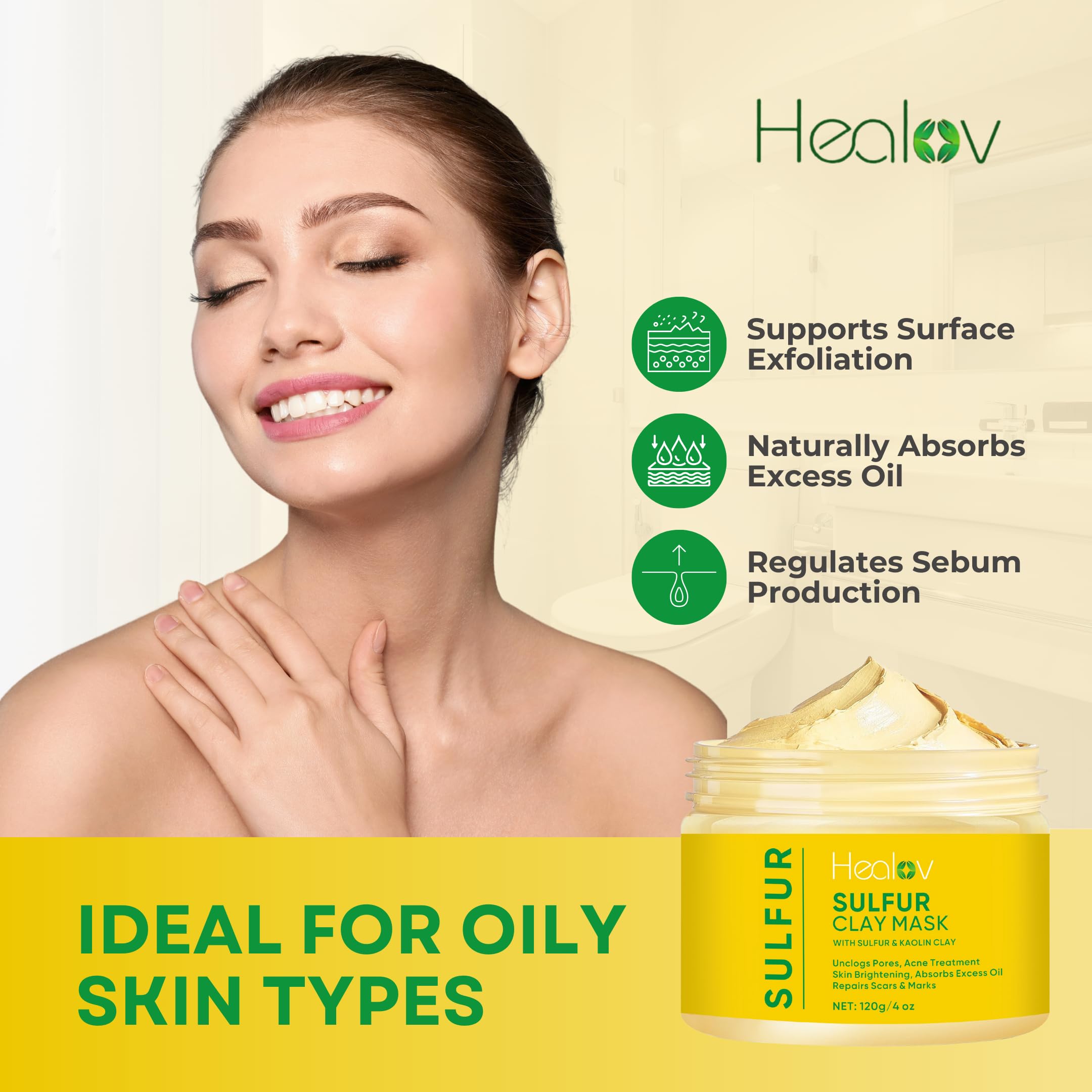 Healov Mascarilla de azufre, aplicación en la palma, exfolia suavemente.