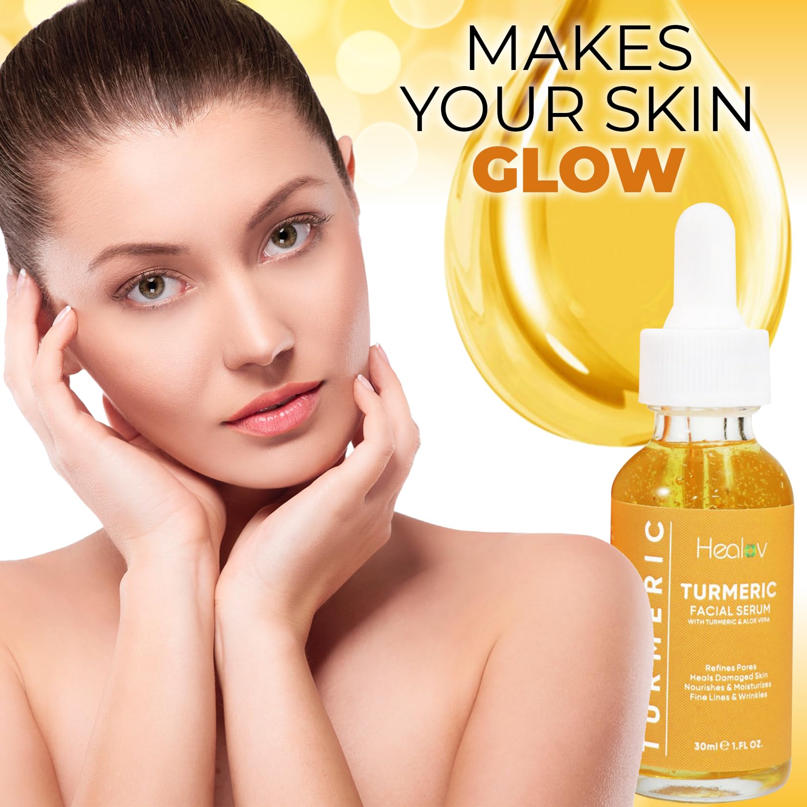Healov Turmeric Serum brillo piel, resultado luminoso tras uso regular.