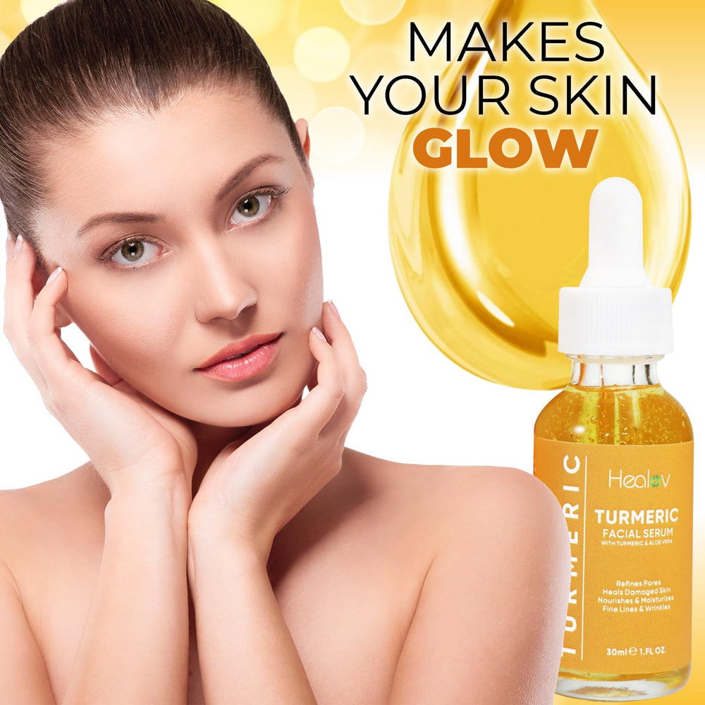 Healov Turmeric Serum brillo piel, resultado luminoso tras uso regular.