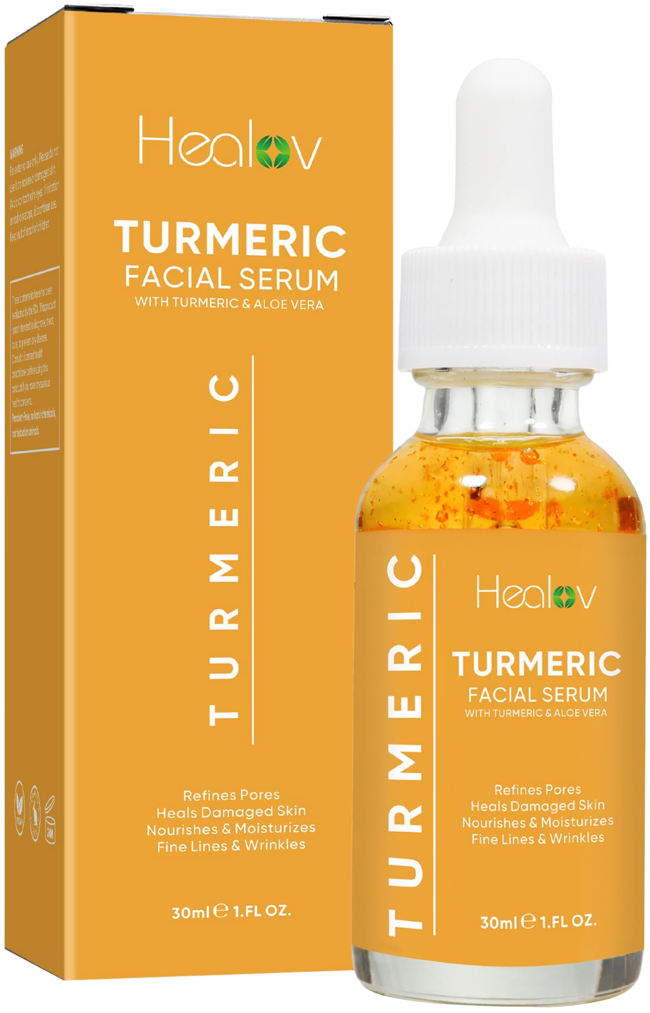 Healov Turmeric Serum frasco aplicacion, masaje suave para piel radiante.
