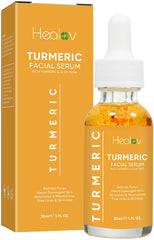 Healov Turmeric Serum frasco aplicacion, masaje suave para piel radiante.