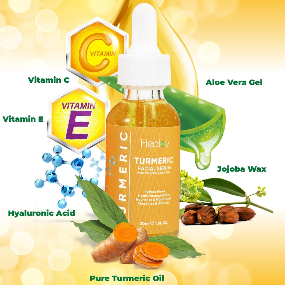 Healov Turmeric Serum ingredientes naturales, fórmula suave para todo tipo de piel.