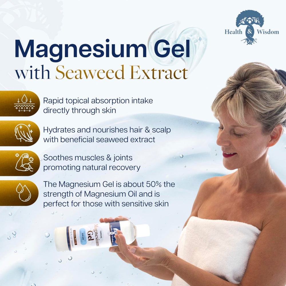 Health and Wisdom gel de magnesio con algas, aplicación suave en zona tensas