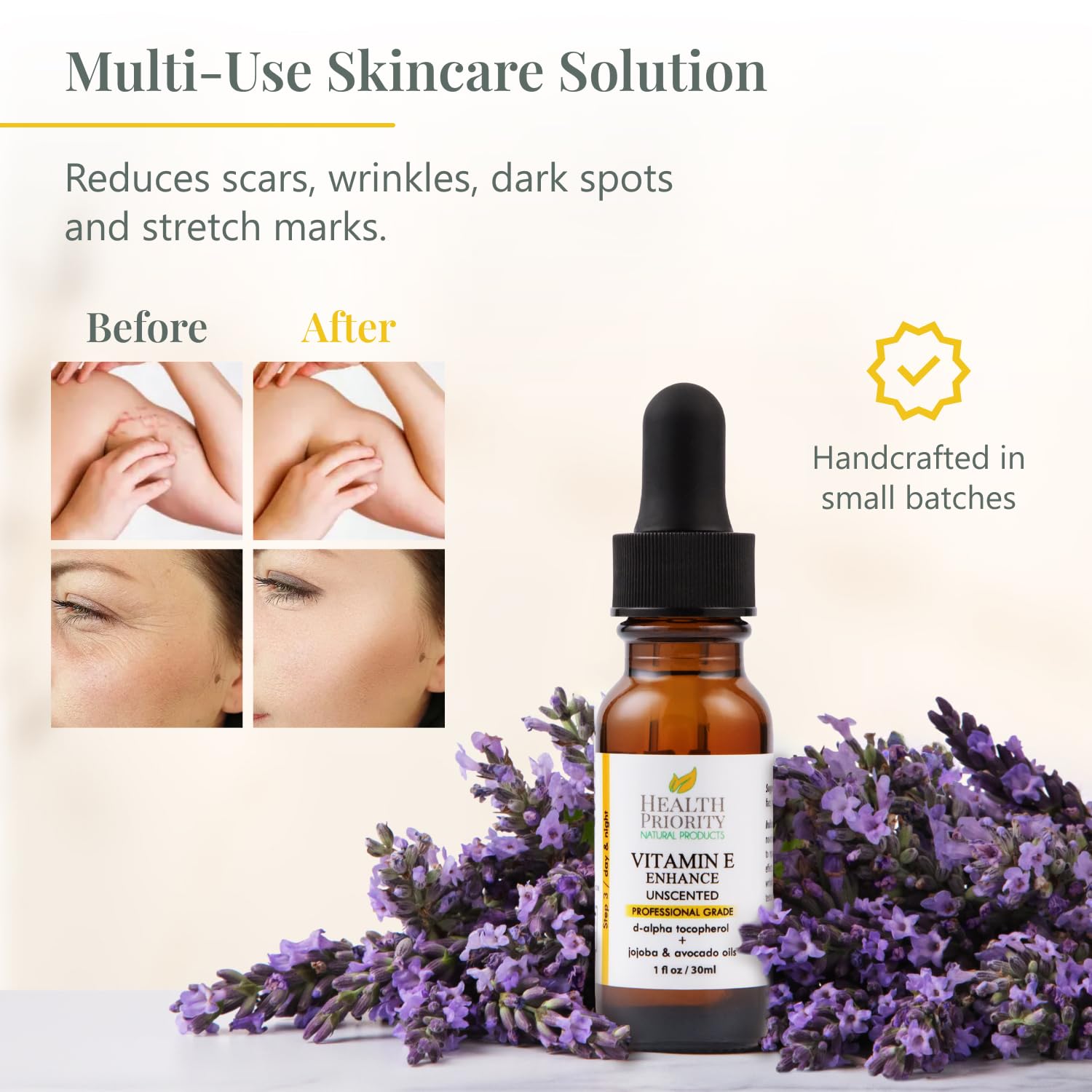 Health Priority Naturals Vitamin E oil for hair care to smooth strands and add shine.