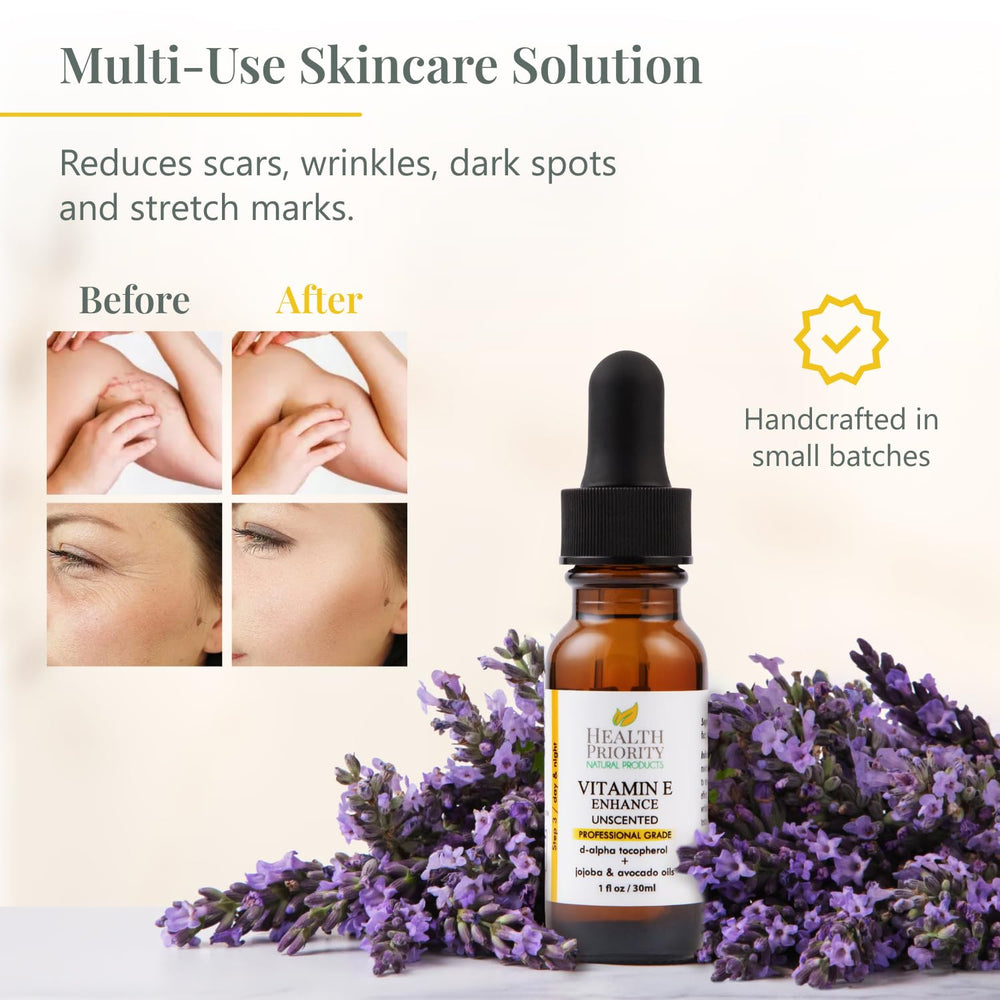 Health Priority Naturals Vitamin E oil for hair care to smooth strands and add shine.