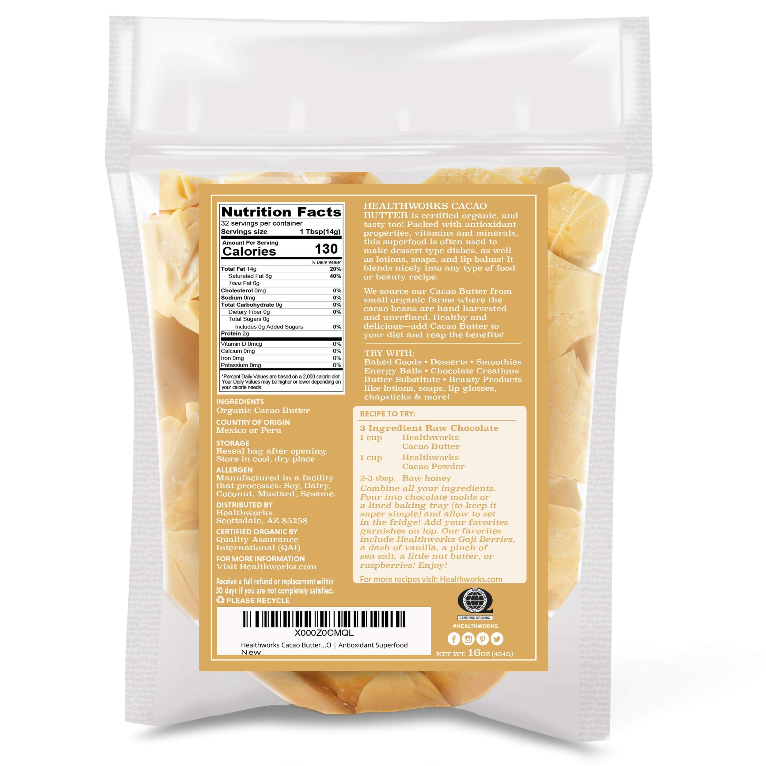 Healthworks manteca de cacao sin deodorizar: aroma suave y pureza natural