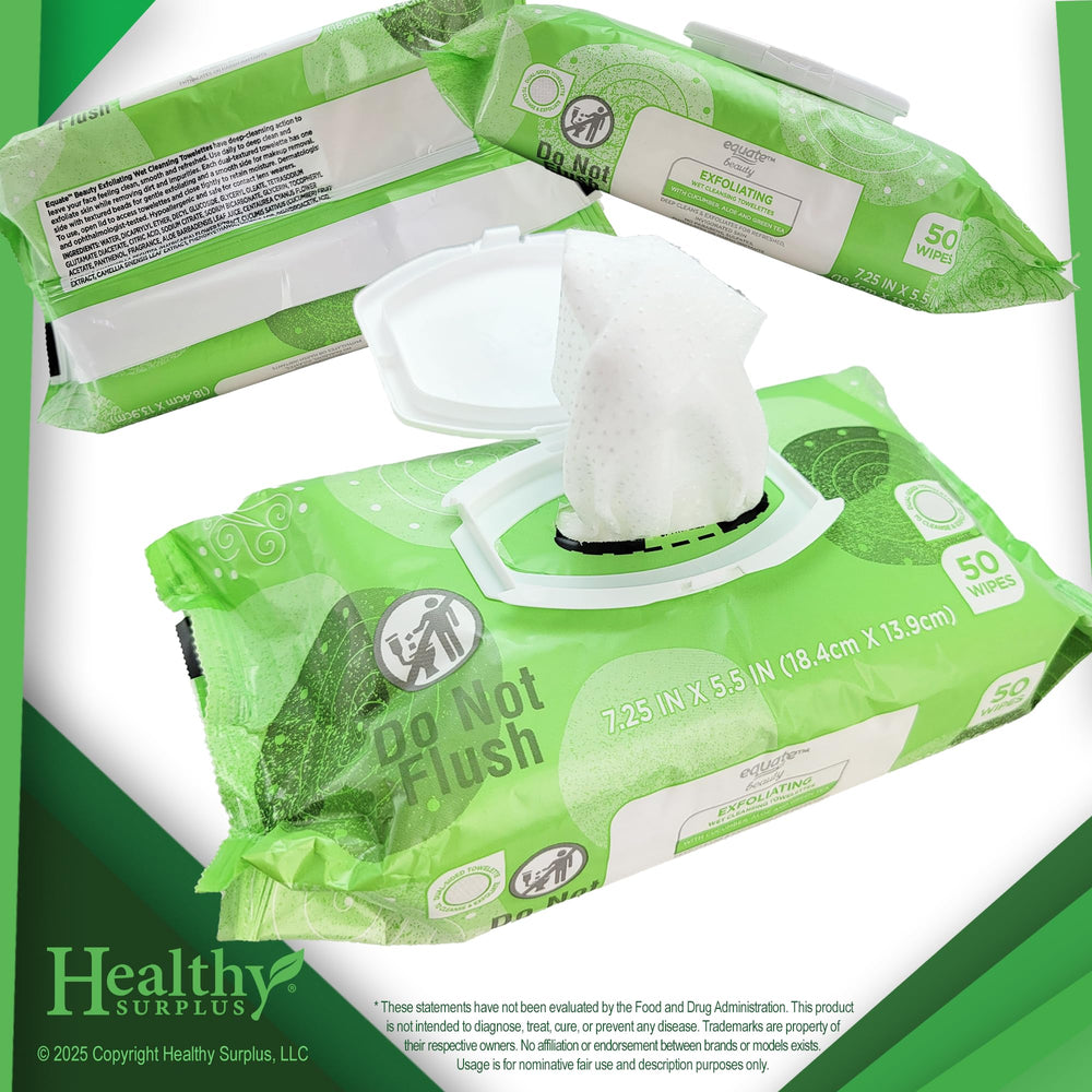 Healthy Surplus Equate toallitas húmedas exfoliantes con pepino aloe y té verde para revitalizar la piel.
