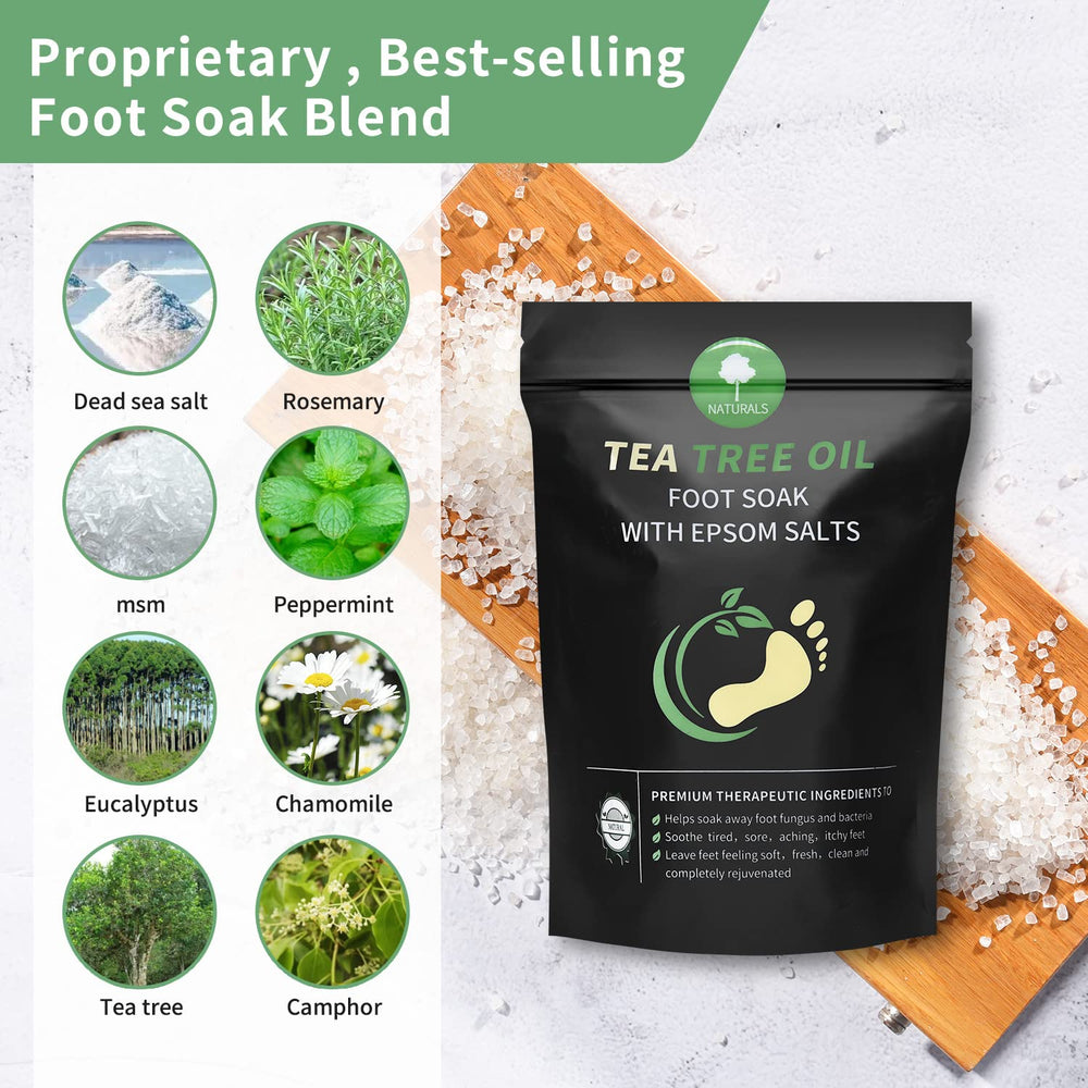 HEAMAVIN Tea Tree Oil Foot Soak: etiqueta clara que resalta beneficios naturales