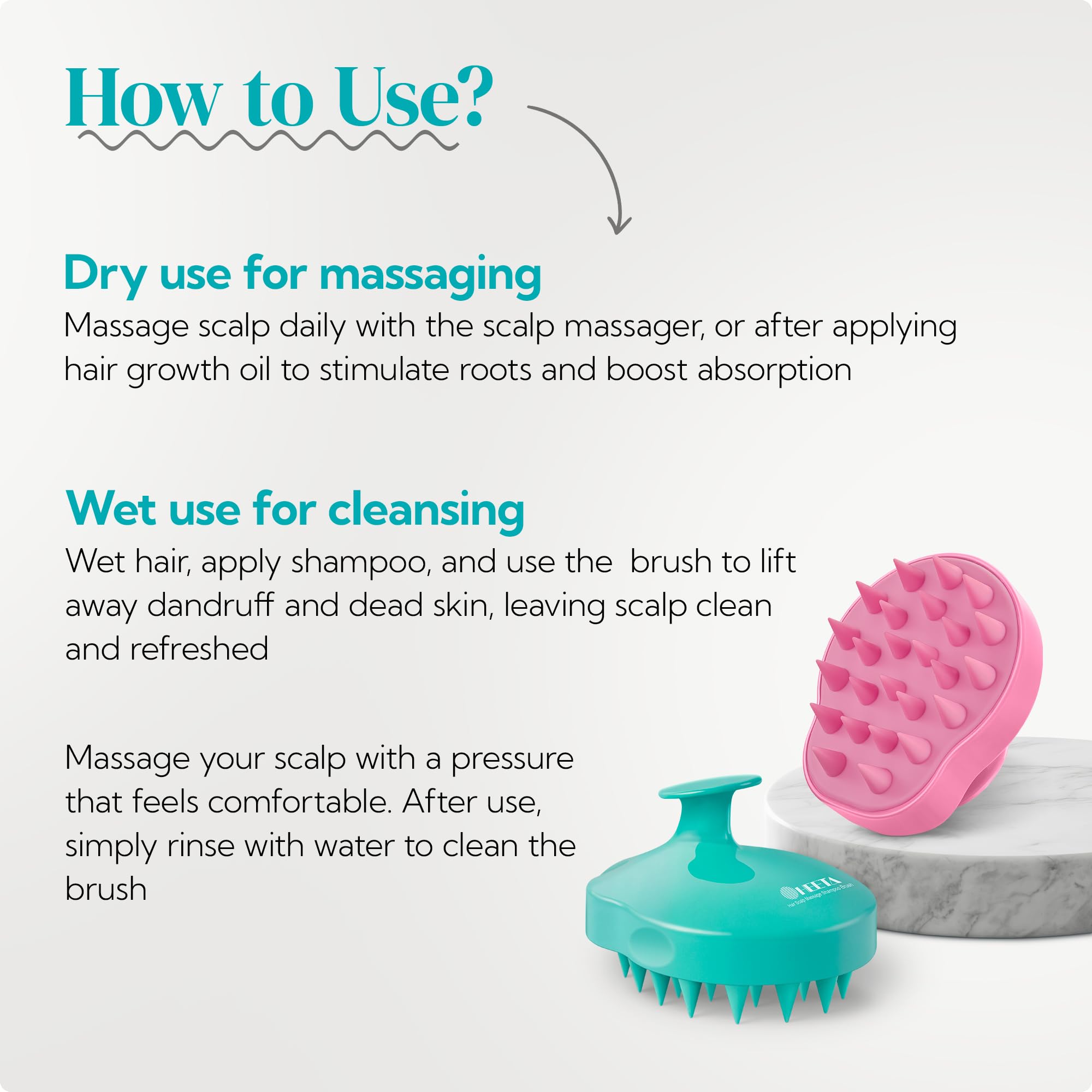 HEETA uso en ducha para masaje capilar y alivio de irritación