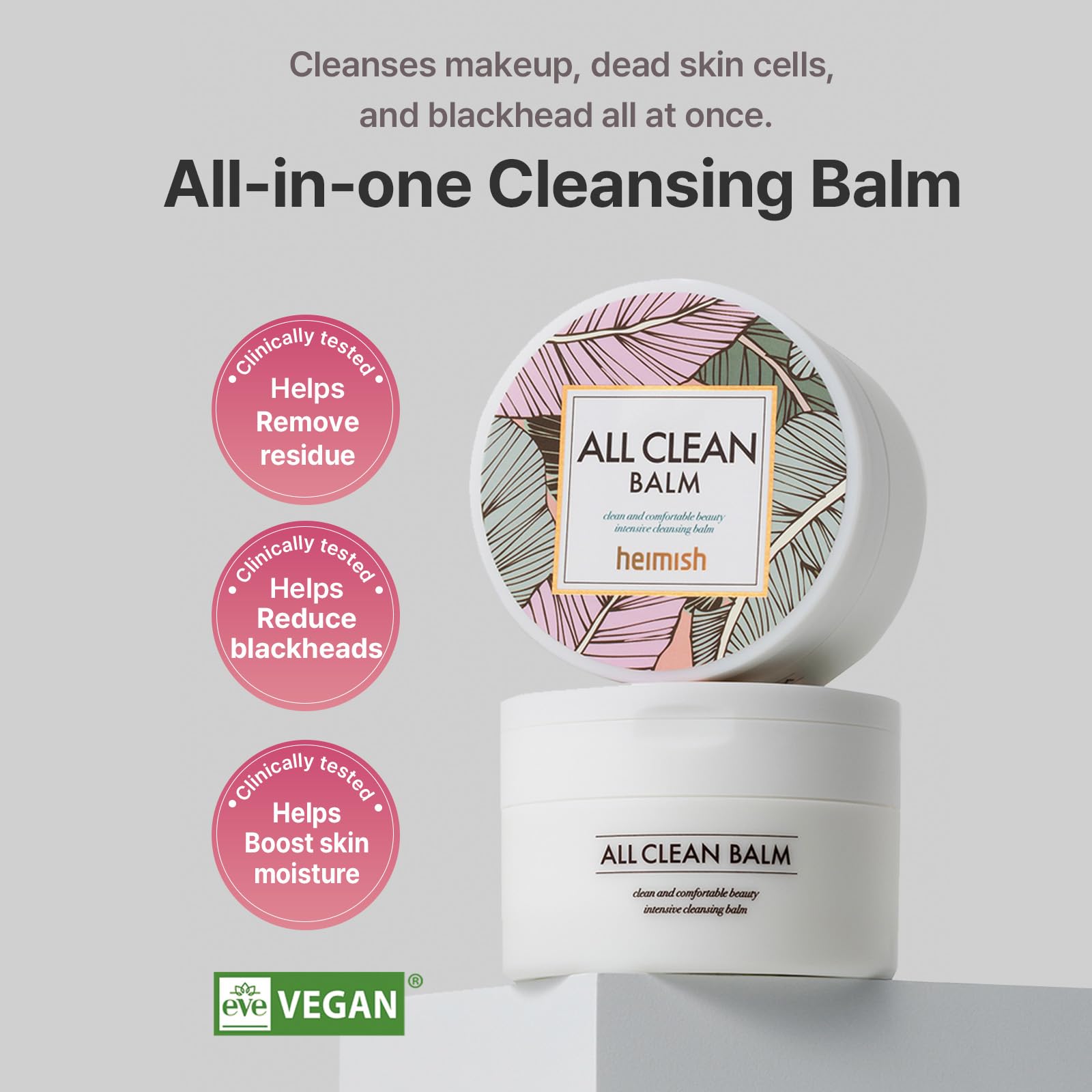 HEIMISH All Clean Balm, etiqueta de ingredientes, destacan componentes naturales para el cuidado facial.