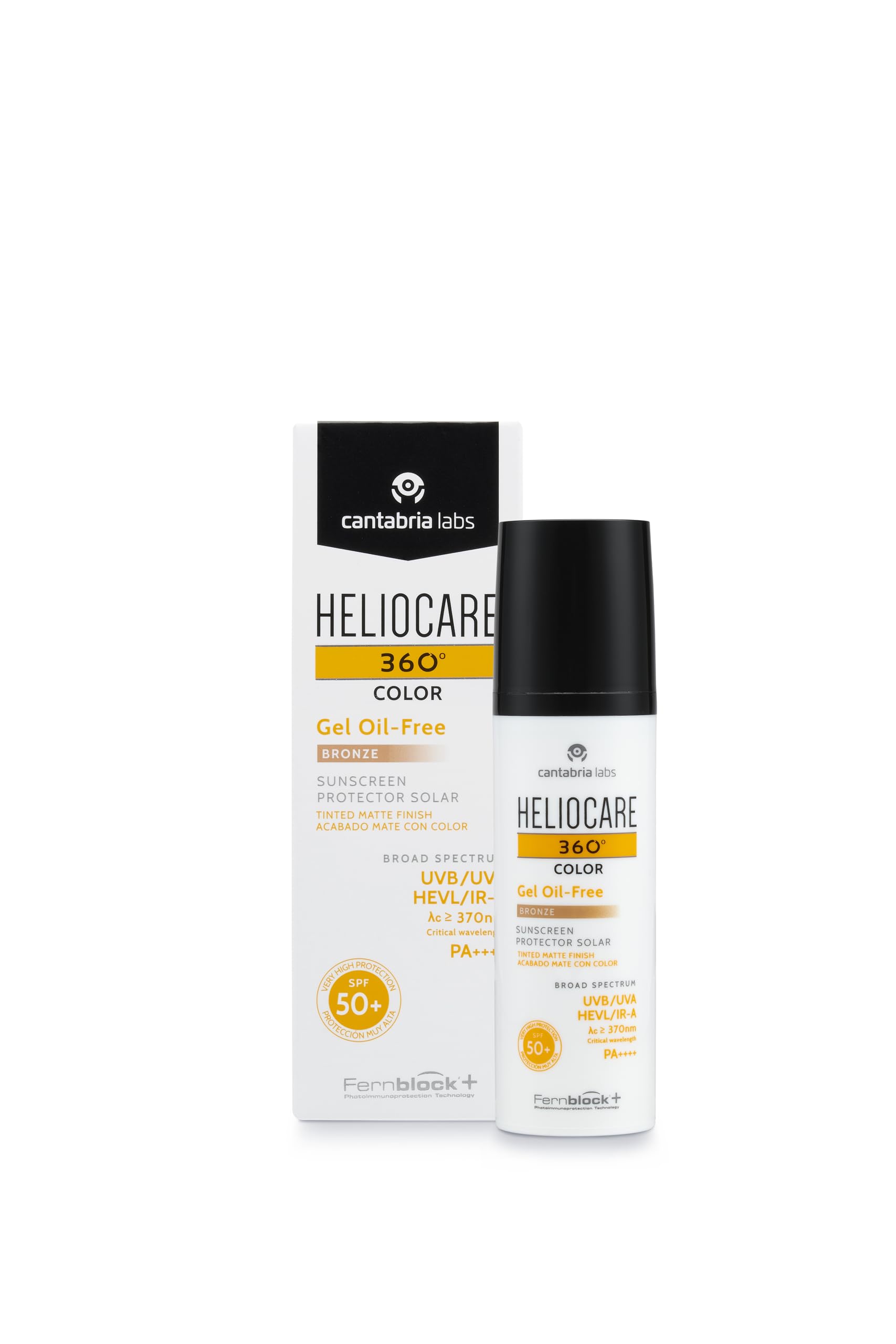 Heliocare 360 Color Gel SPF50+ frasco, acabado bronce natural para unificar tono.
