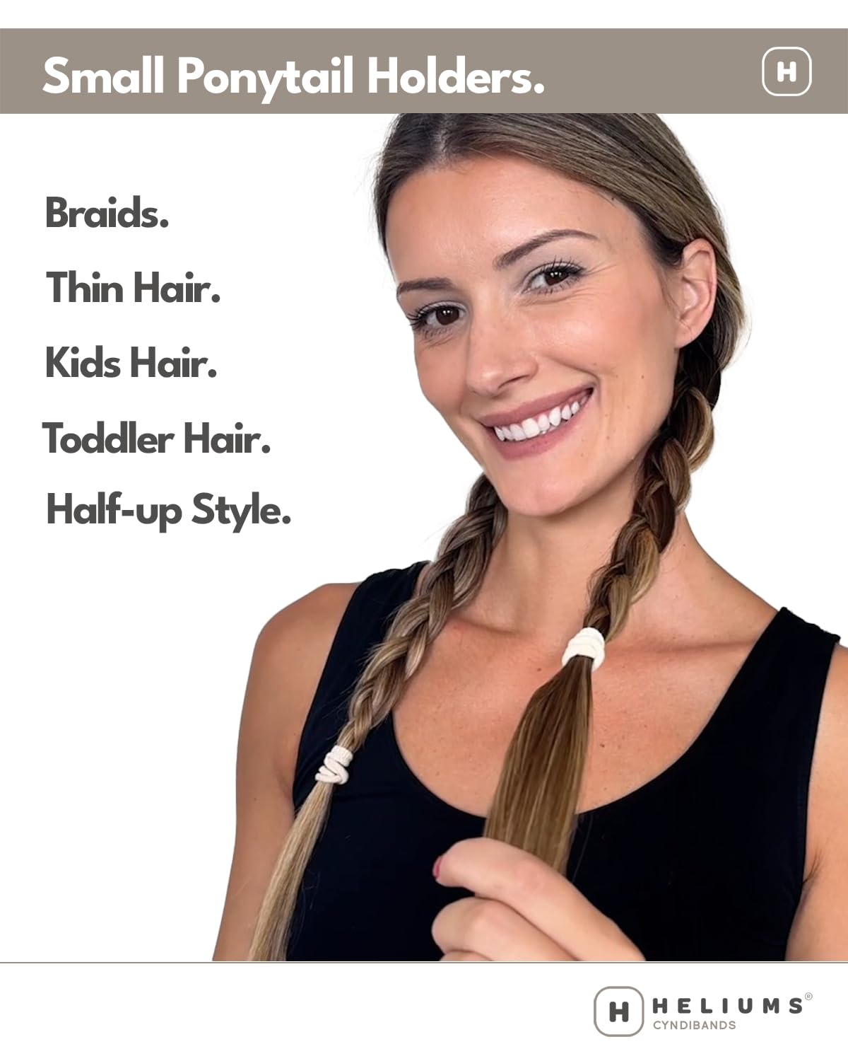 Gomas Heliums para trenzas en niñas, sujeción suave y sin dañar el cabello.