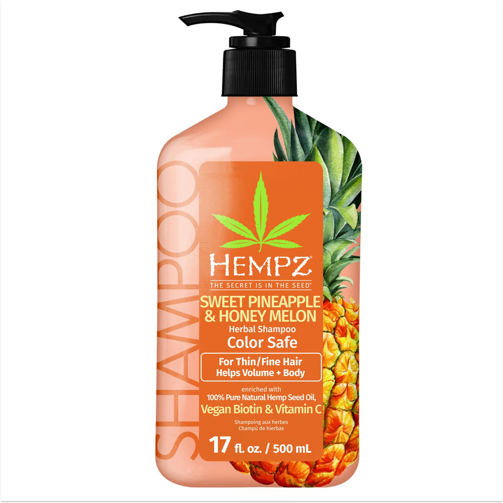 Hempz Biotin Shampoo: botella con piña dulce y melón miel, hidratación para cabello fino