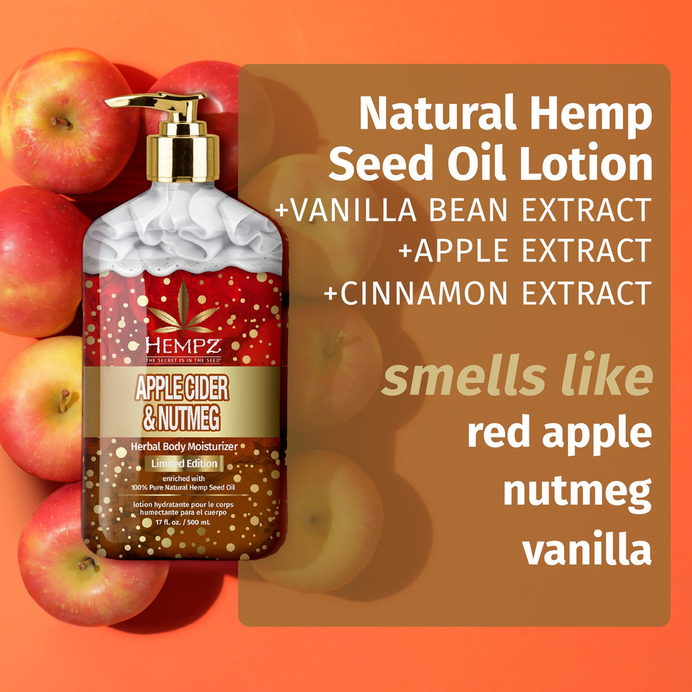 Hempz Loción Corporal Edición Limitada, aroma manzana y nuez moscada para frescura diaria.