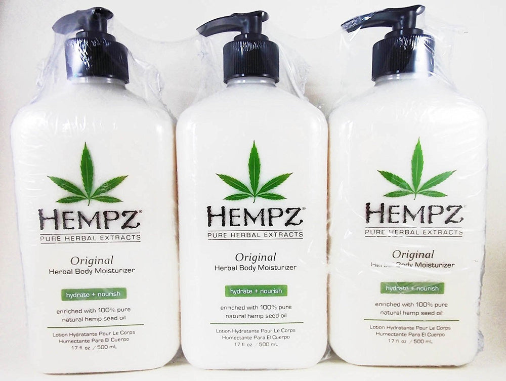 Hempz Hidratante Herbal Original, paquete de tres botellas, hidratación diaria para la piel.