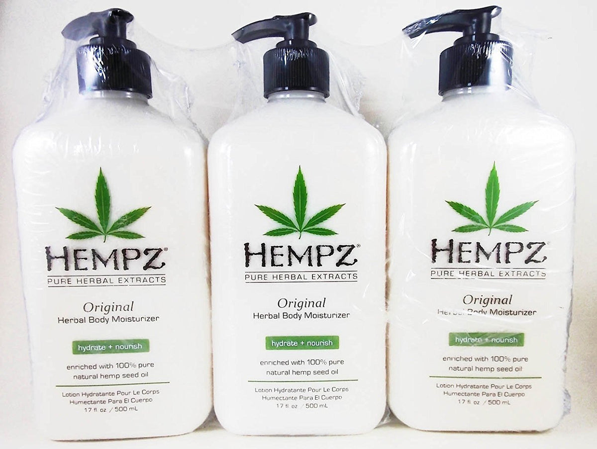 Hempz Hidratante Herbal Original, paquete de tres botellas, hidratación diaria para la piel.