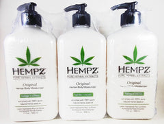 Hempz Hidratante Herbal Original, paquete de tres botellas, hidratación diaria para la piel.