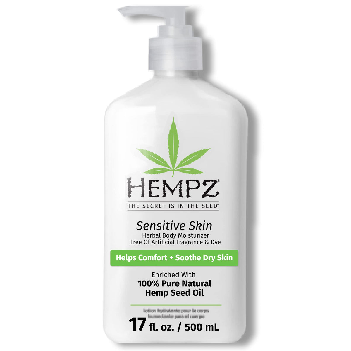 Hempz hidratante para piel sensible con botella: calma y suavidad diaria.