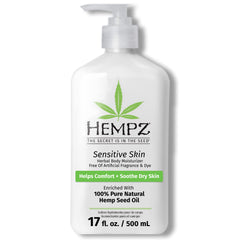 Hempz hidratante para piel sensible con botella: calma y suavidad diaria.