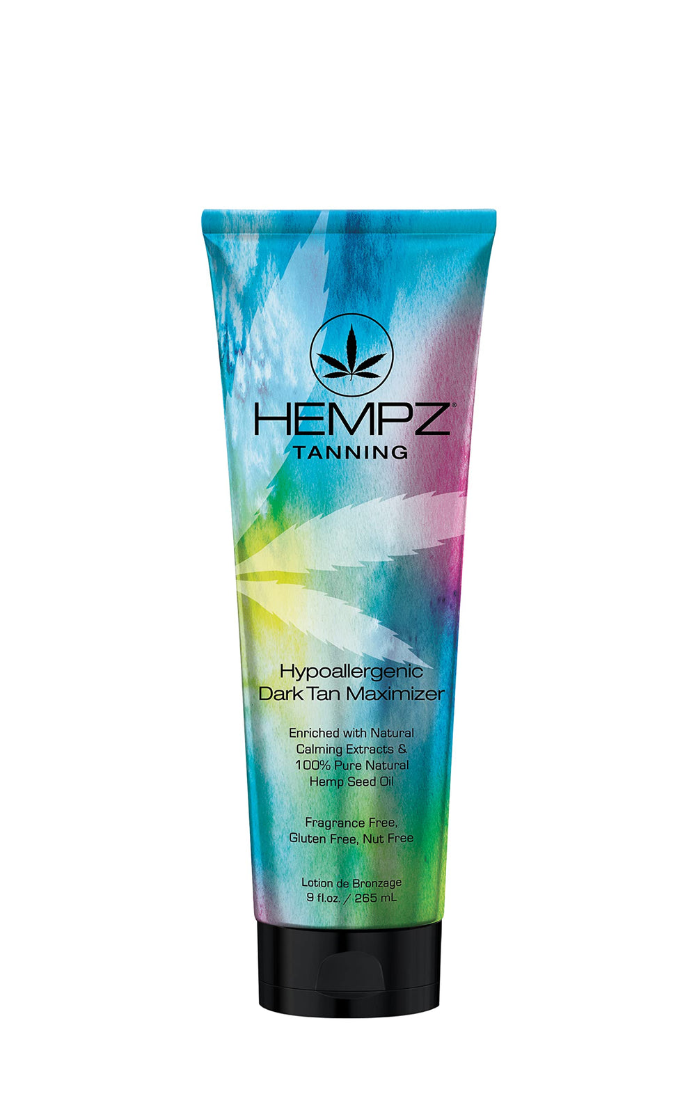 Hempz Hypoallergenic Dark Tan Maximizer, botella derramando: bronceado profundo sin perfume.