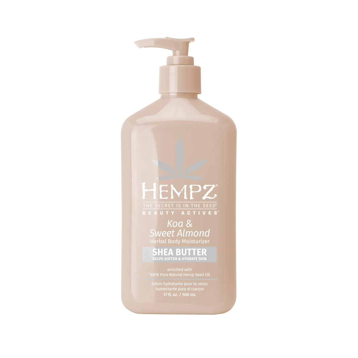 Hempz Koa y Almendra Dulce botella, hidratación profunda para la piel.