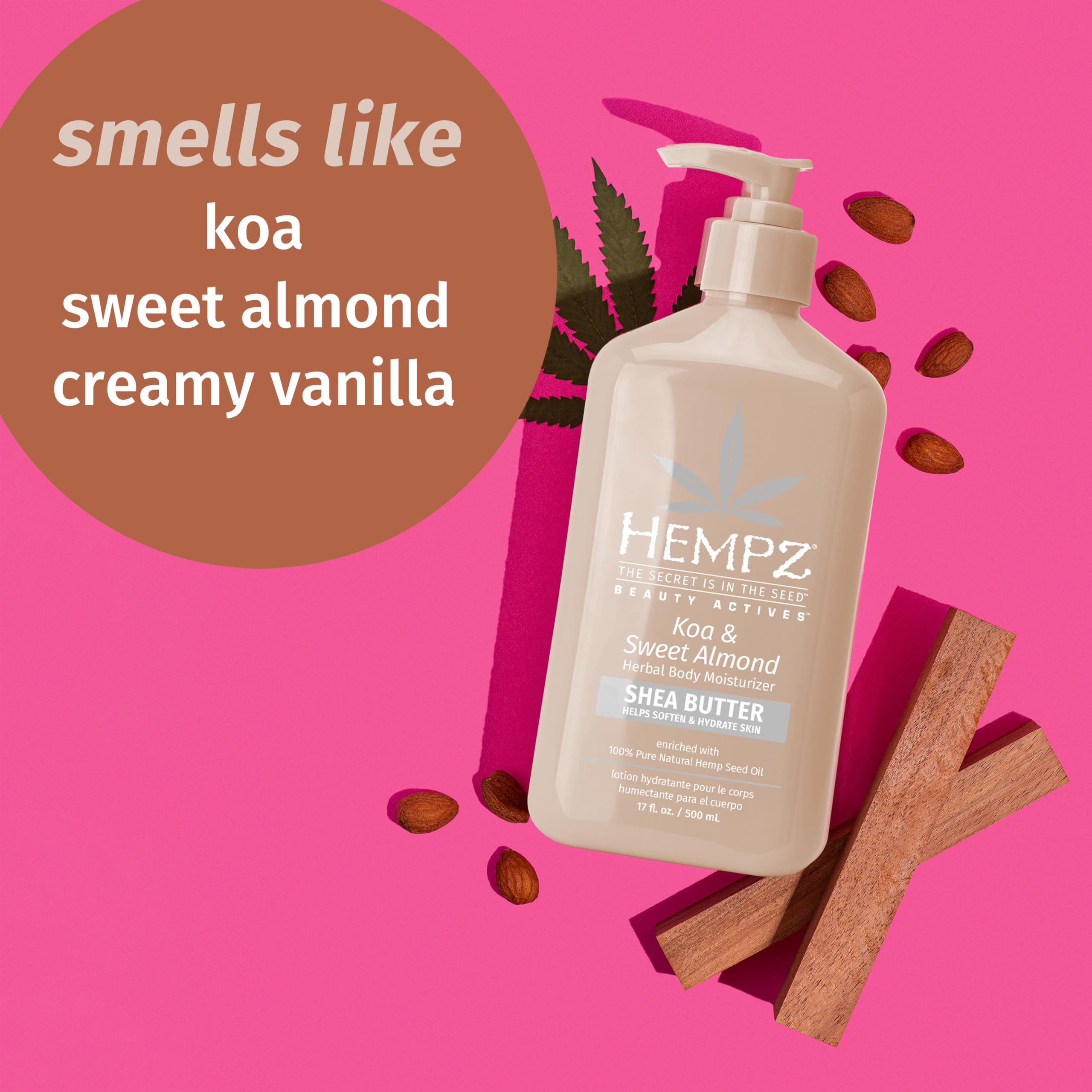 Fragancia suave de Hempz Koa y Almendra Dulce con notas de koa y vainilla.