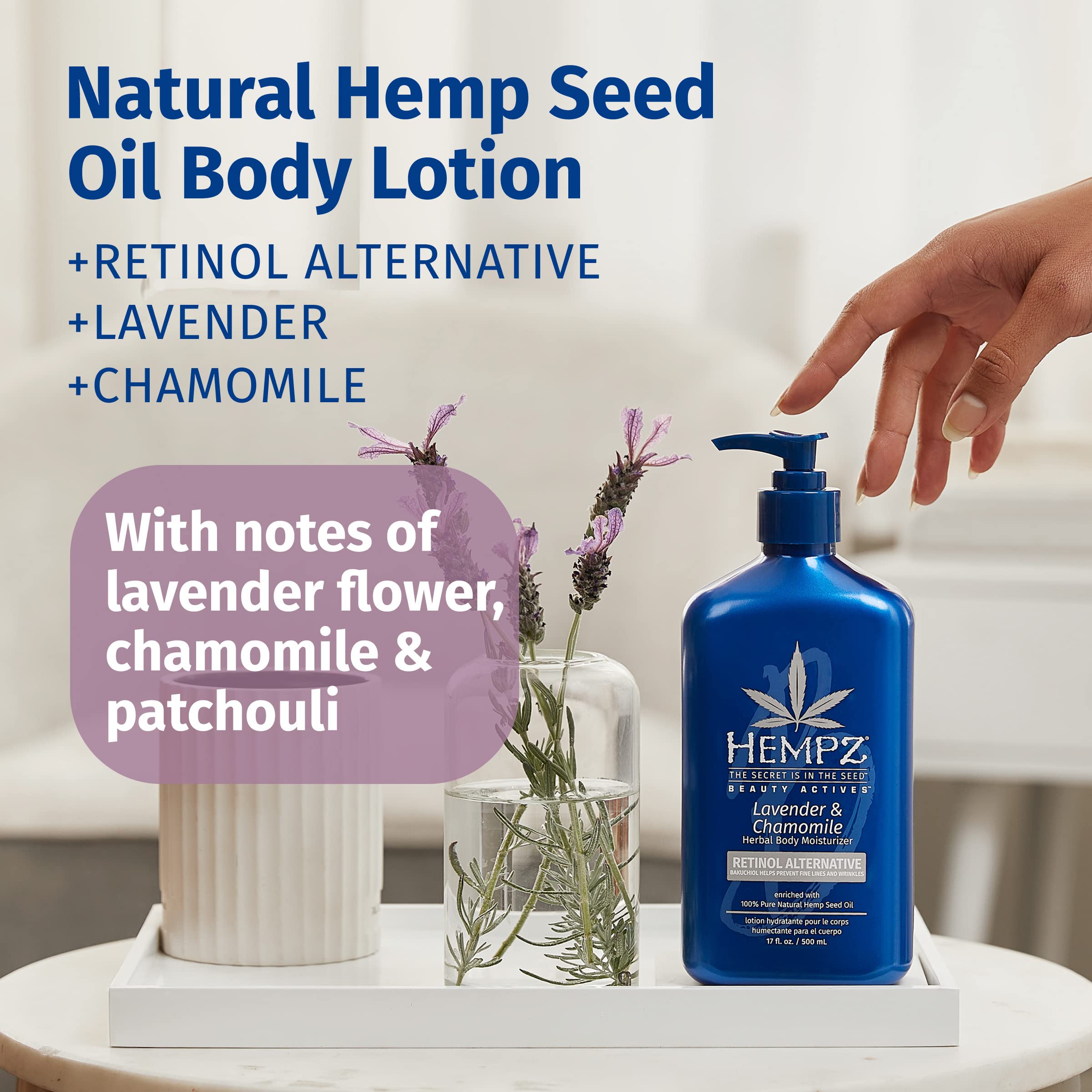 Hempz loción corporal Lavanda y Manzanilla, aroma relajante para momentos de calma.