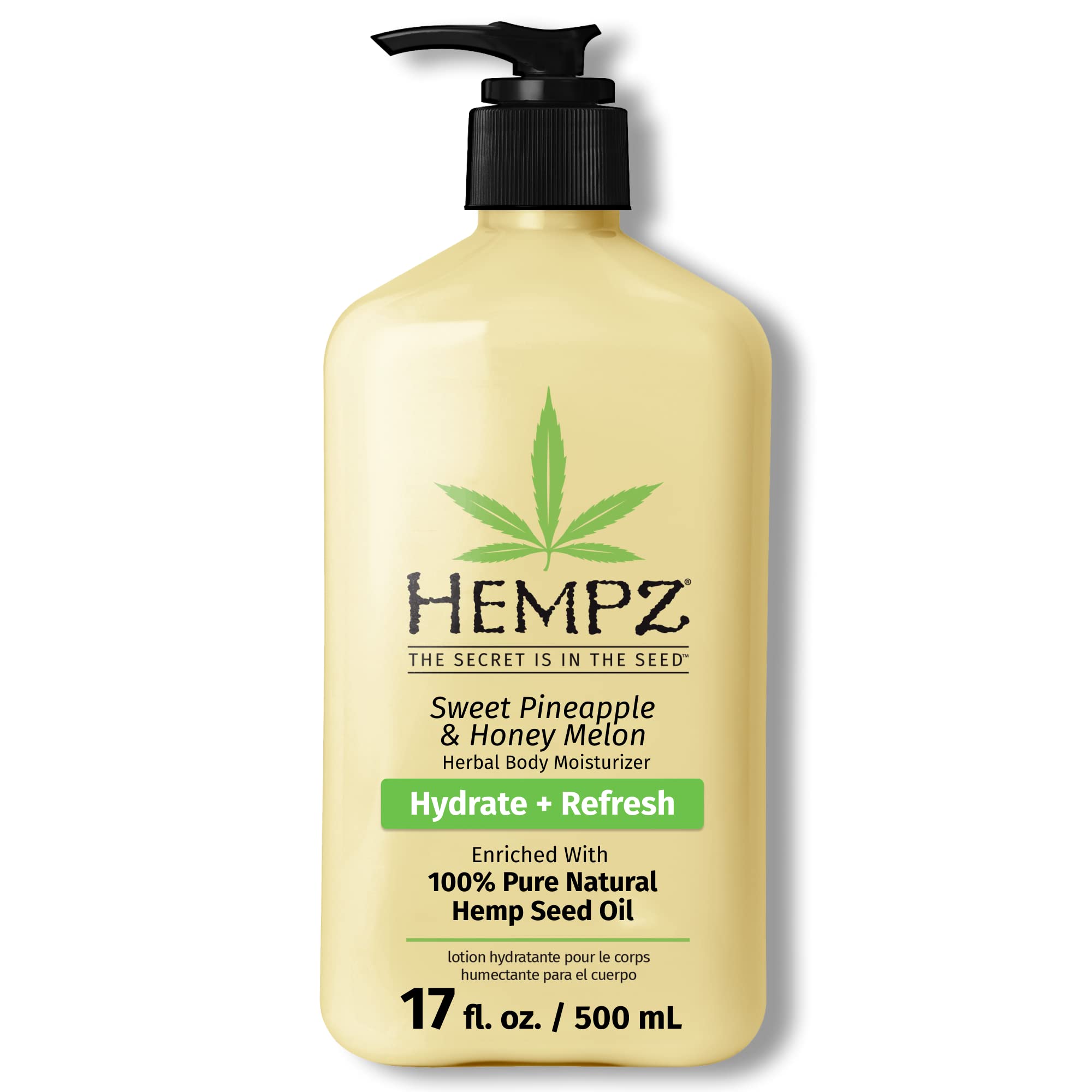 Hempz Loción corporal: botella con fragancia de piña y melón para piel suave.