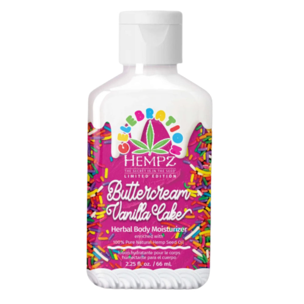 Hempz Buttercream Vanilla Cake edición limitada, loción corporal en tamaño viaje para hidratación diaria.