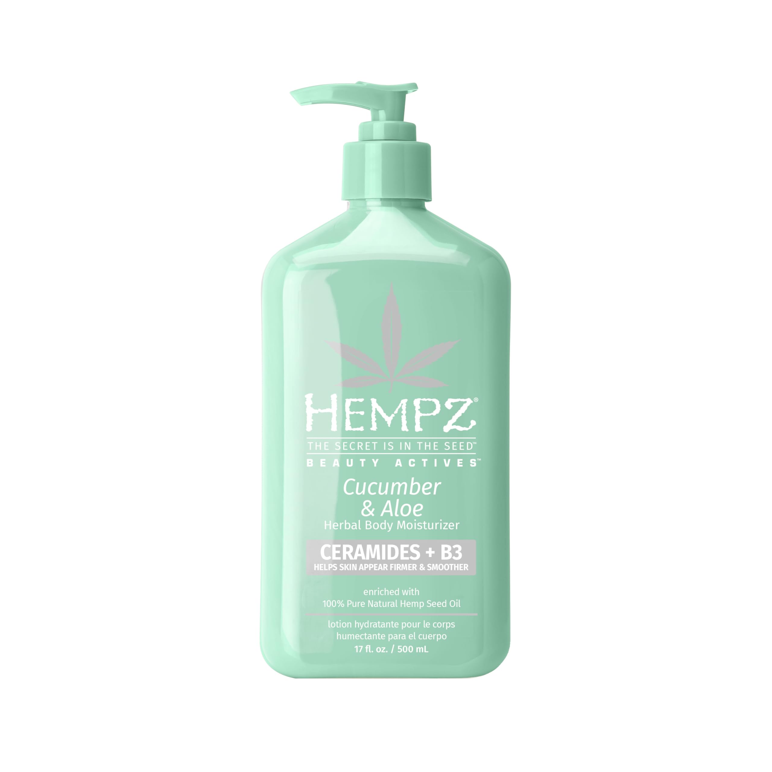 Hempz Loción corporal Cucumber & Aloe en botella, hidratación suave para la piel.
