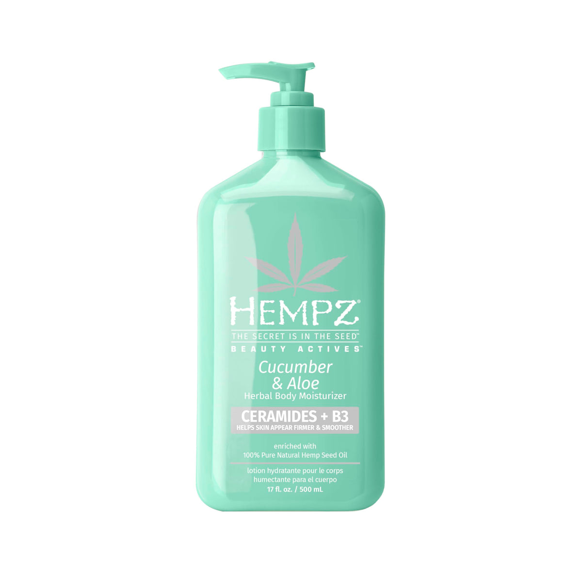 Hempz Loción corporal Cucumber & Aloe en botella, hidratación suave para la piel.