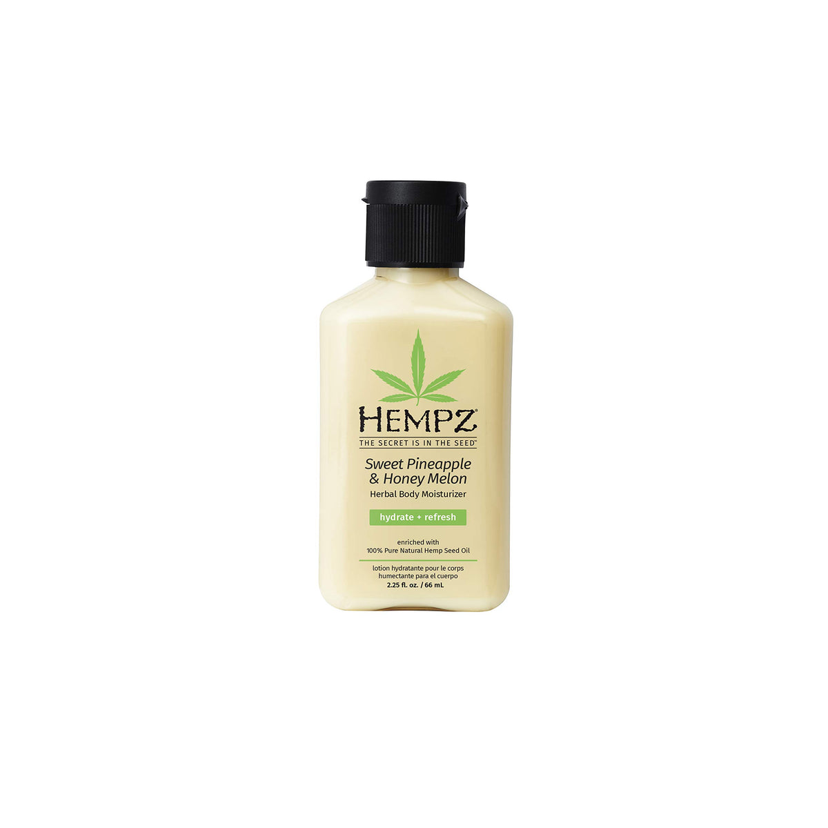 Hempz Loción corporal en frasco, hidrata y deja piel suave con aroma tropical.