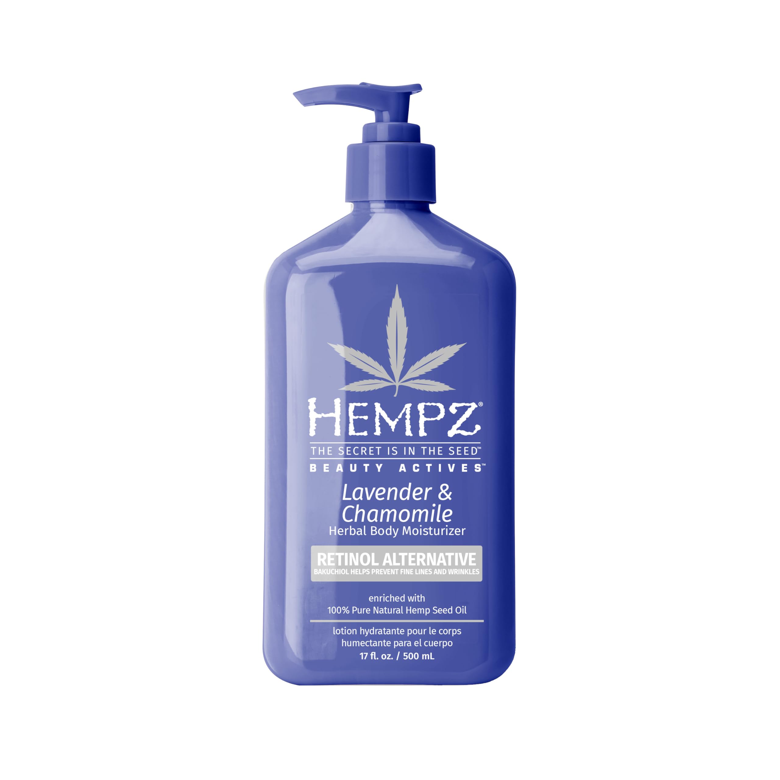 Hempz loción corporal Lavanda y Manzanilla en botella; hidratación suave para piel sensible.
