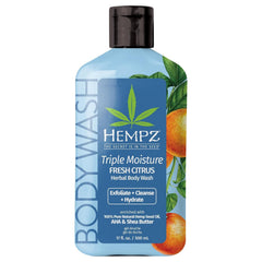 Hempz Jabón corporal triple hidratación Pomelo y Durazno, vertido en la ducha para piel sensible hidratada.
