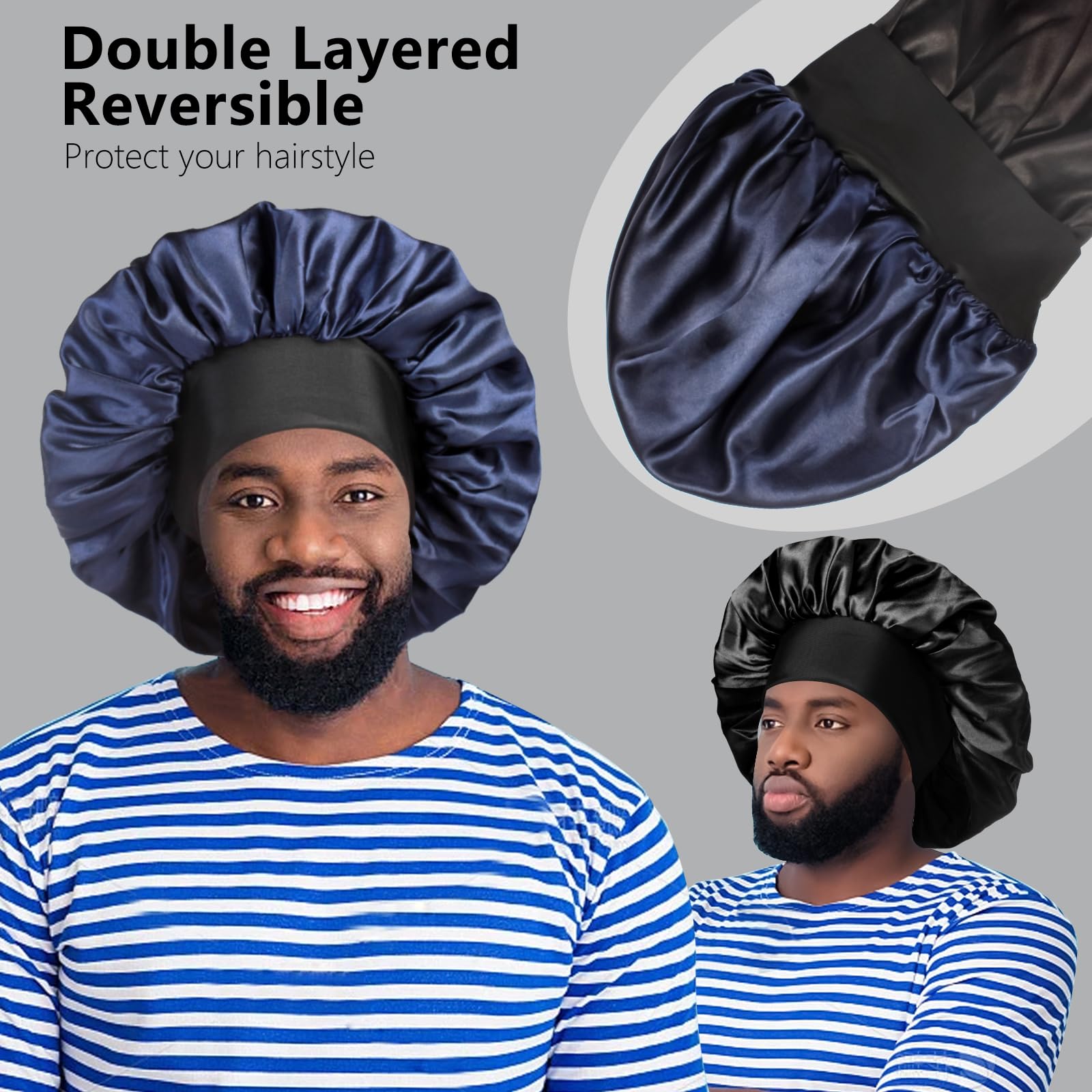 Heniho bonete satén dos capas reversible dorso; protege el peinado durante la noche.