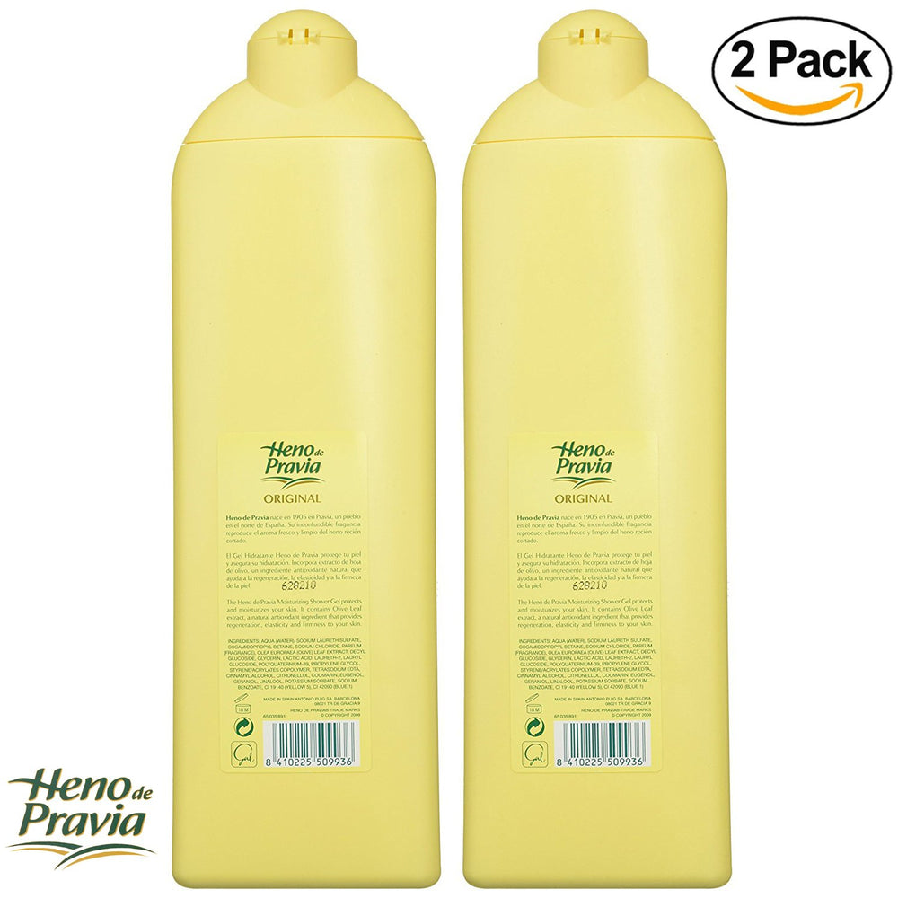 Heno de Pravia gel de ducha, dos botellas, experiencia de ducha agradable y ahorro.