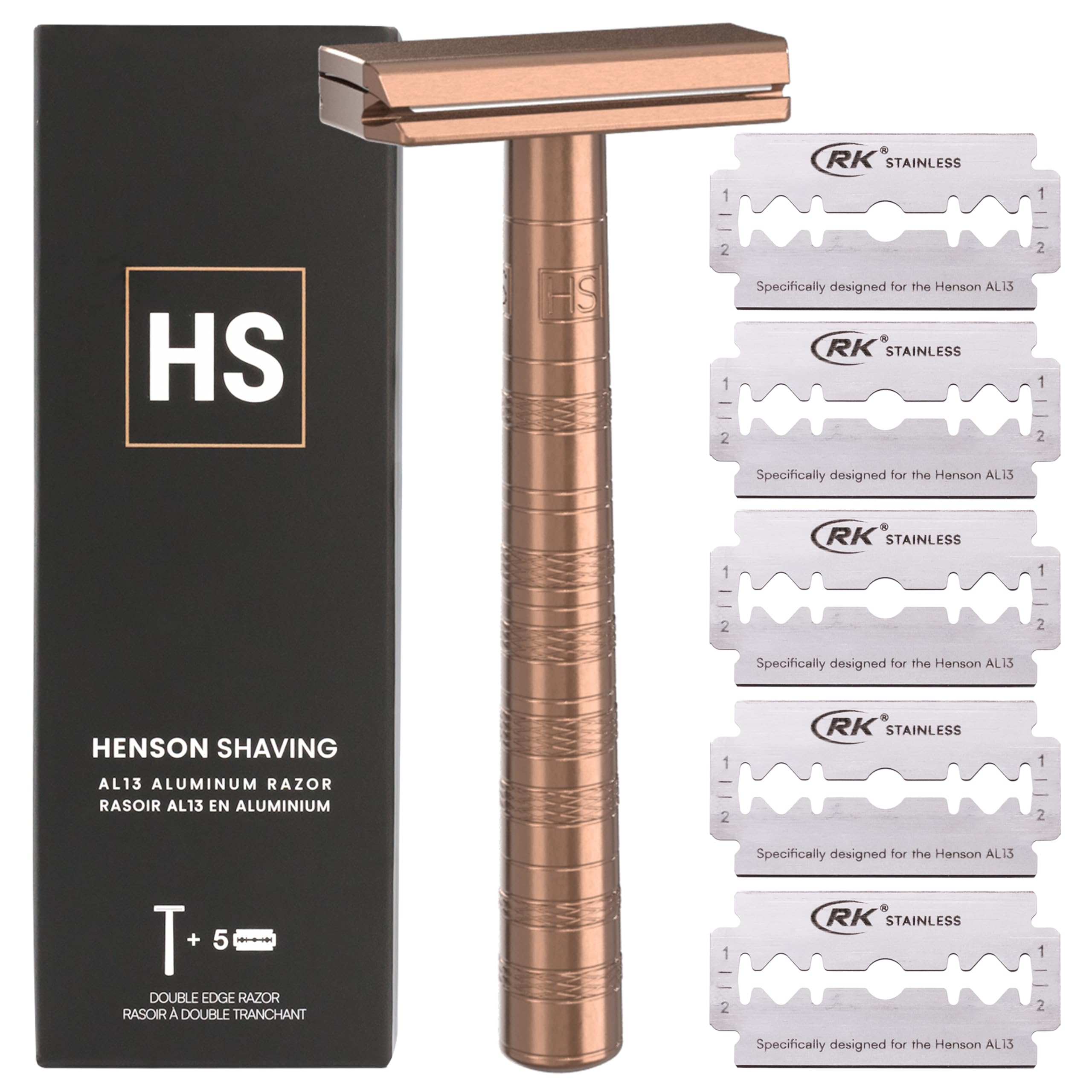 Navaja de seguridad Henson Shaving de cobre, hoja doble, vista frontal para afeitado suave.