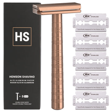 Navaja de seguridad Henson Shaving de cobre, hoja doble, vista frontal para afeitado suave.