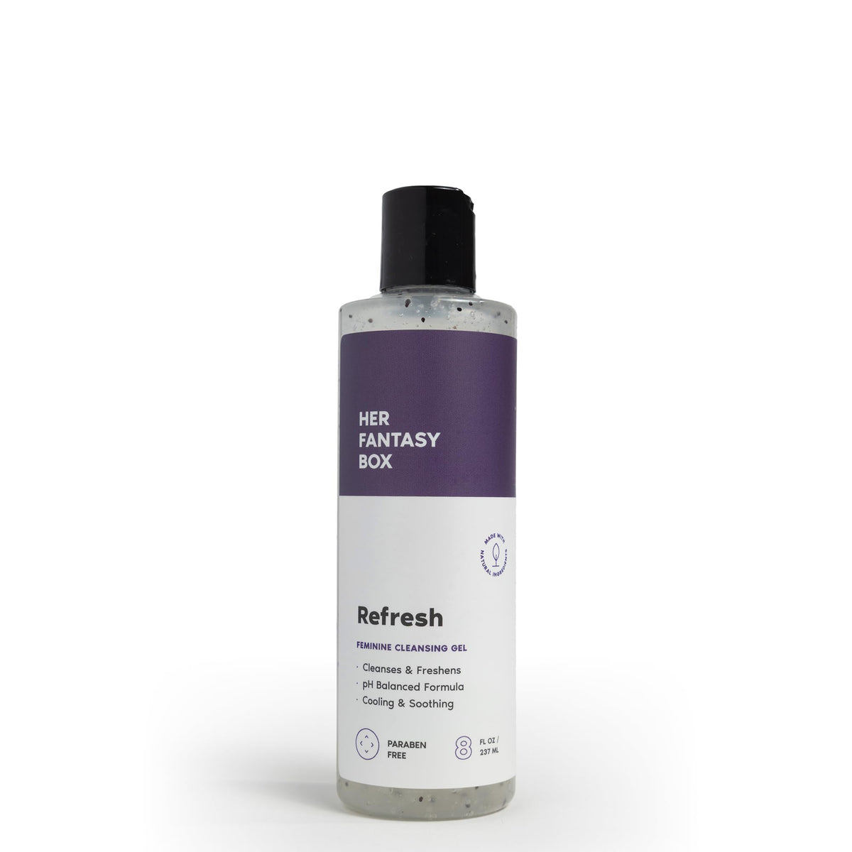 Her Fantasy Box Refresh gel ducha, botella de 8 onzas, limpieza suave y equilibrante del pH.