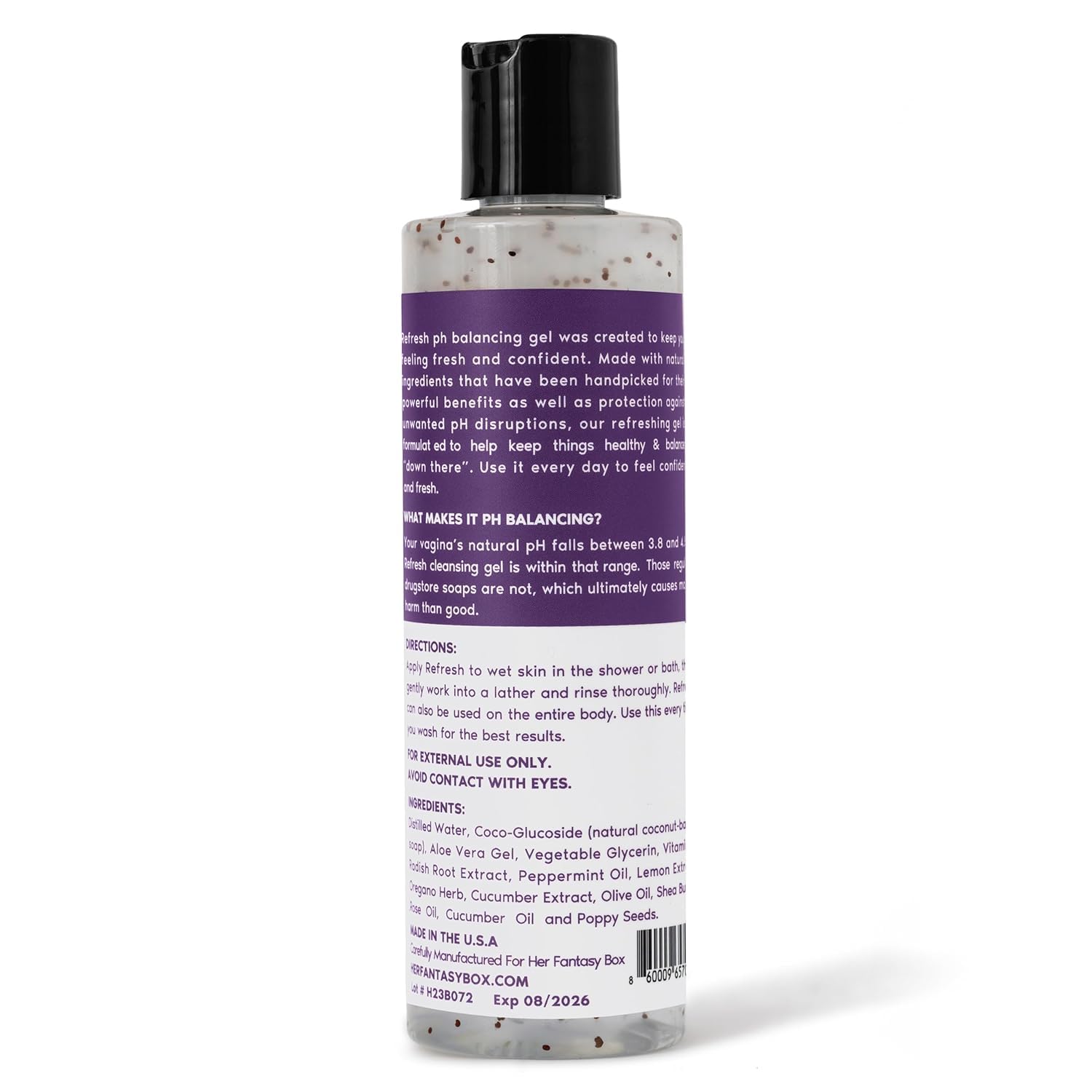 Her Fantasy Box Refresh ingredients label close-up highlighting natural components for sensitive care.