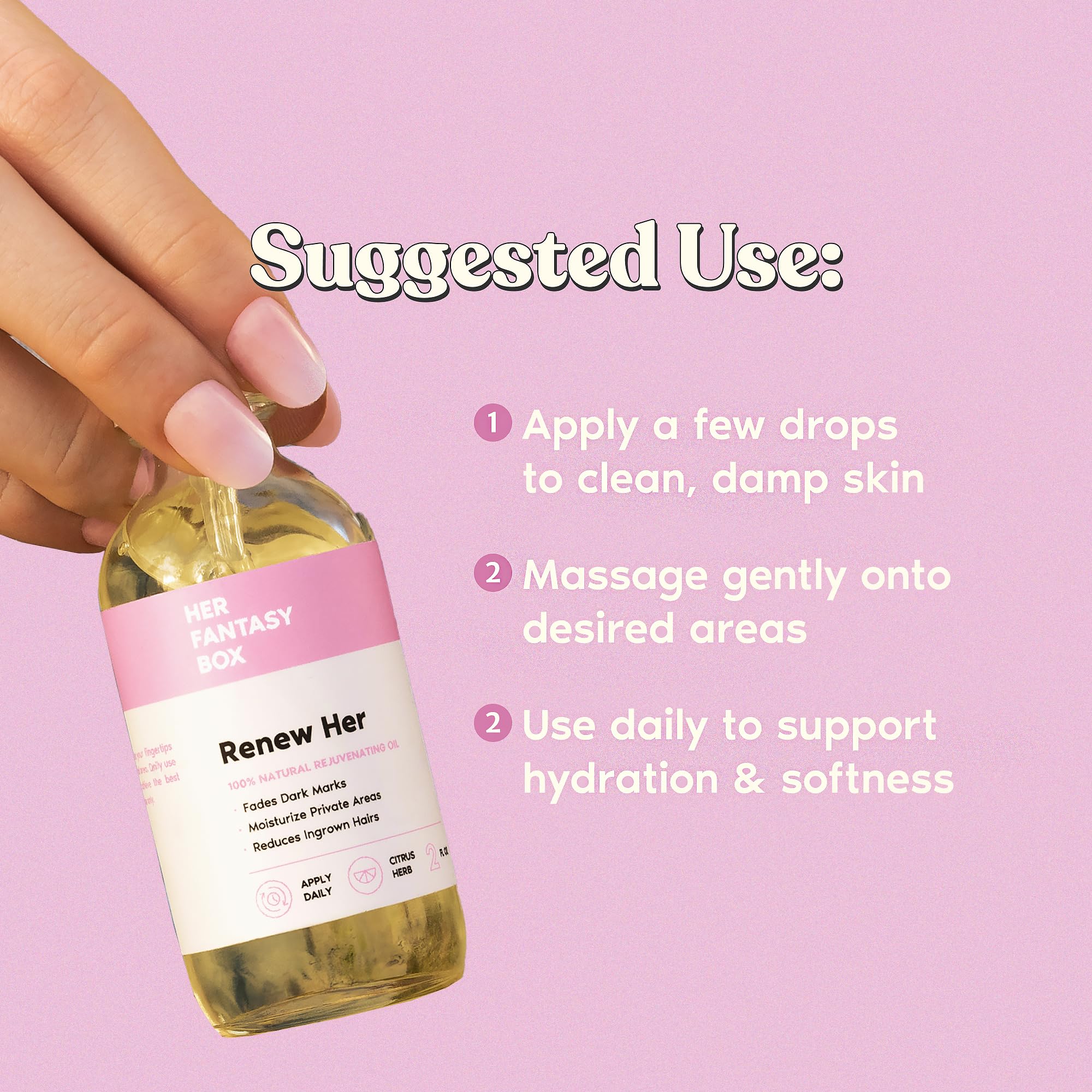 Her Fantasy Box Renew Her, etiqueta de ingredientes naturales para transparencia y confianza.