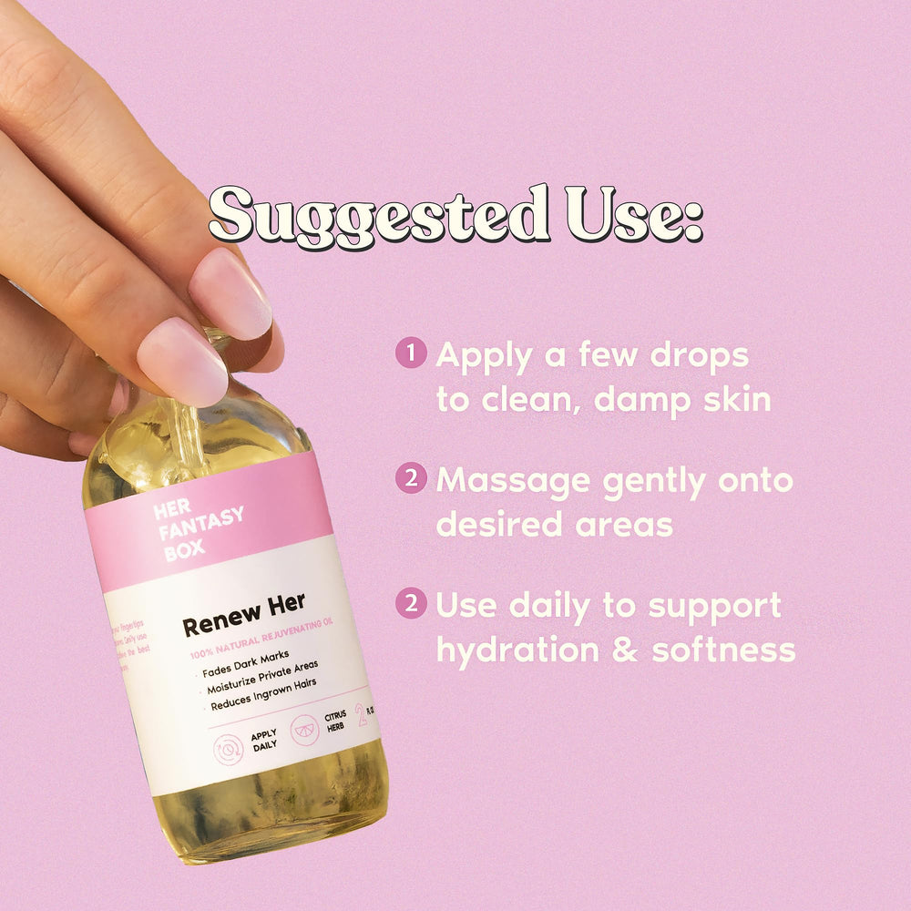 Her Fantasy Box Renew Her, etiqueta de ingredientes naturales para transparencia y confianza.