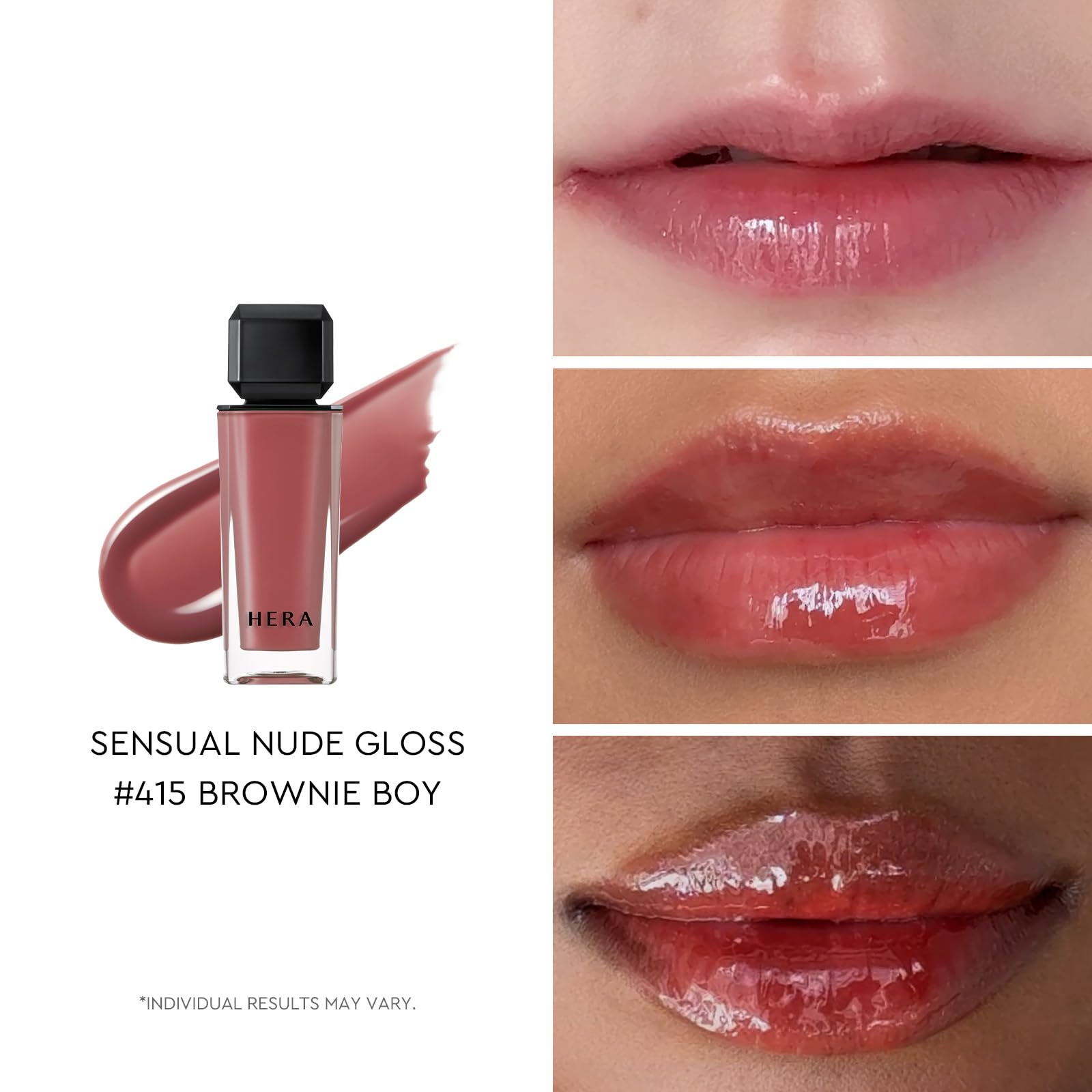 HERA Sensual Nude Gloss 415 Brownie Boy, aplicador preciso para delineado natural.