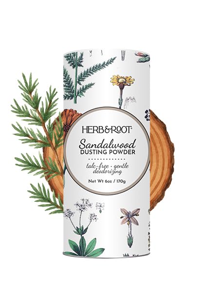 Herb & Root polv o de sándalo en bote para uso diario y piel suave.