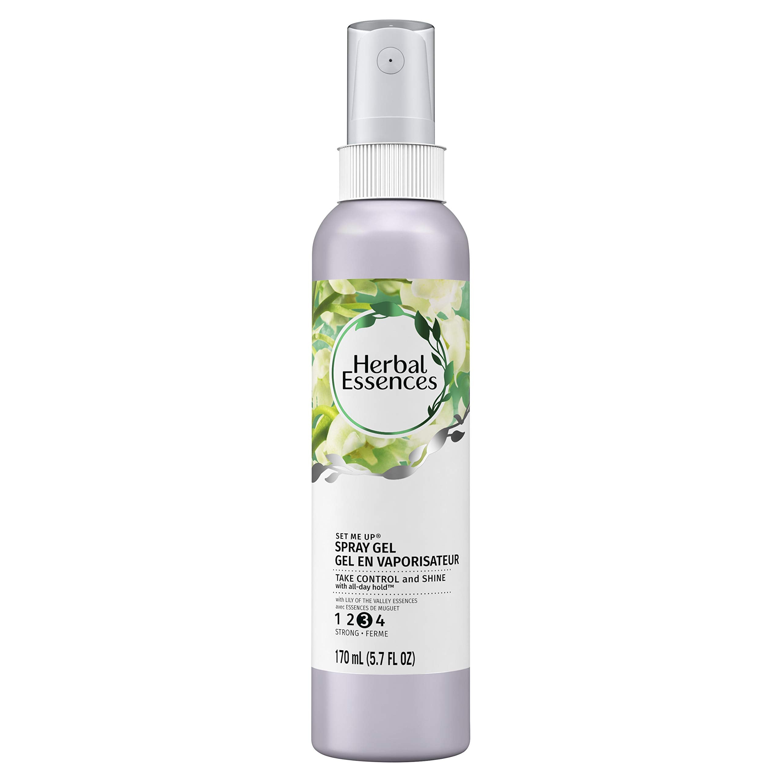 Herbal Essences Gel Fijador en Spray para peinar, botella, ofrece fijación duradera y brillo.