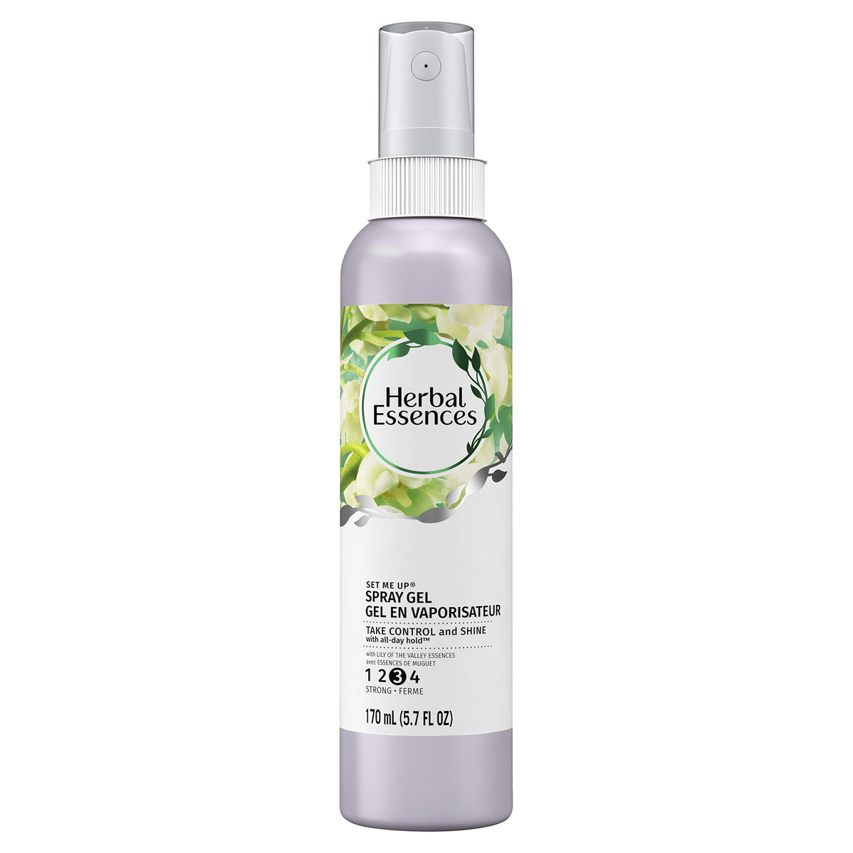 Herbal Essences Gel Fijador en Spray para peinar, botella, ofrece fijación duradera y brillo.