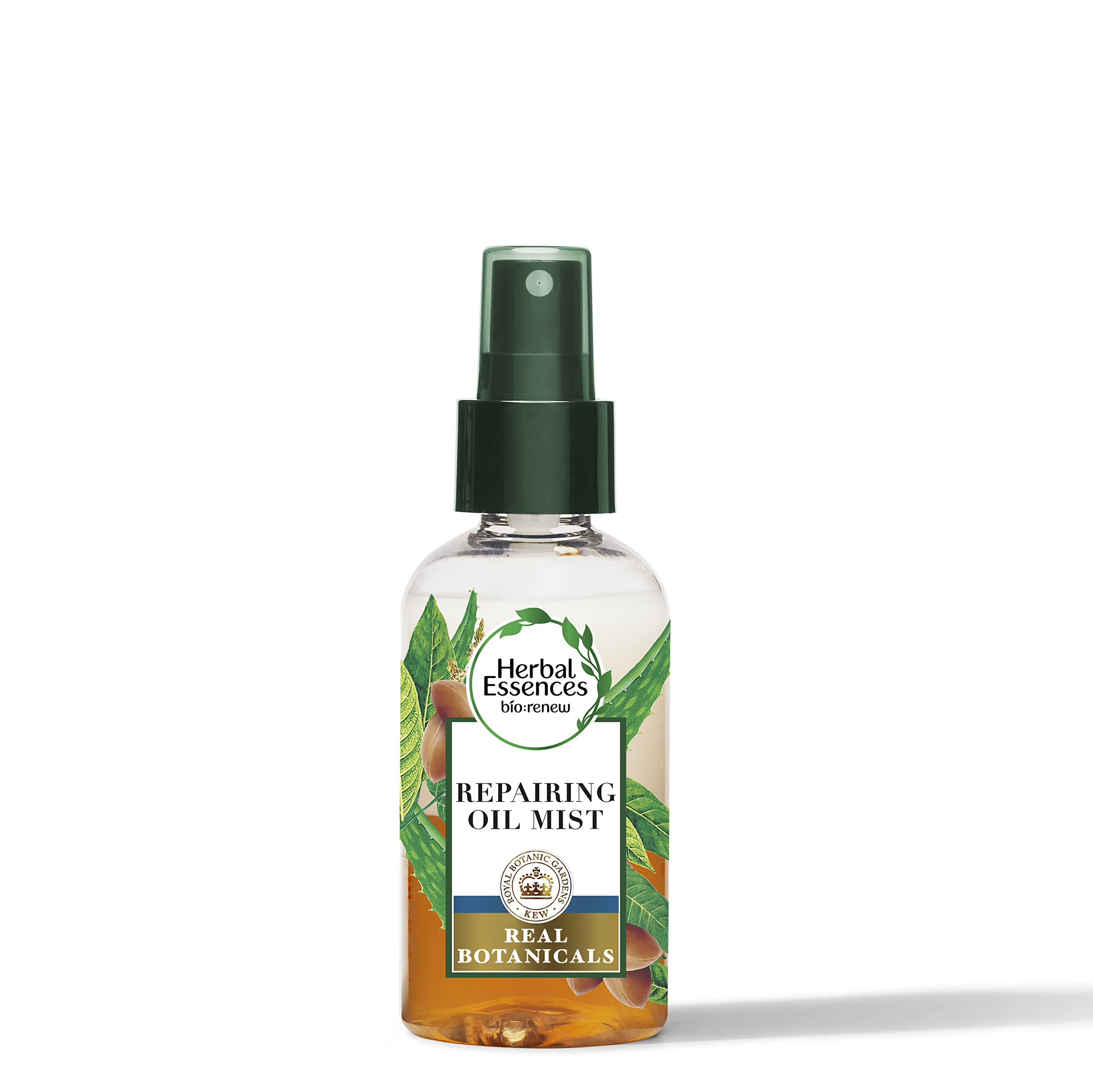 Botella Herbal Essences Renew Aceite en Mist con argán y aloe para reparación suave.