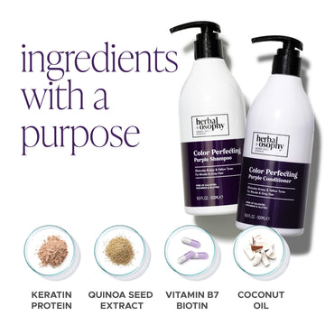 Herbalosophy botella acondicionador morado, facilita peinado y mantiene color.
