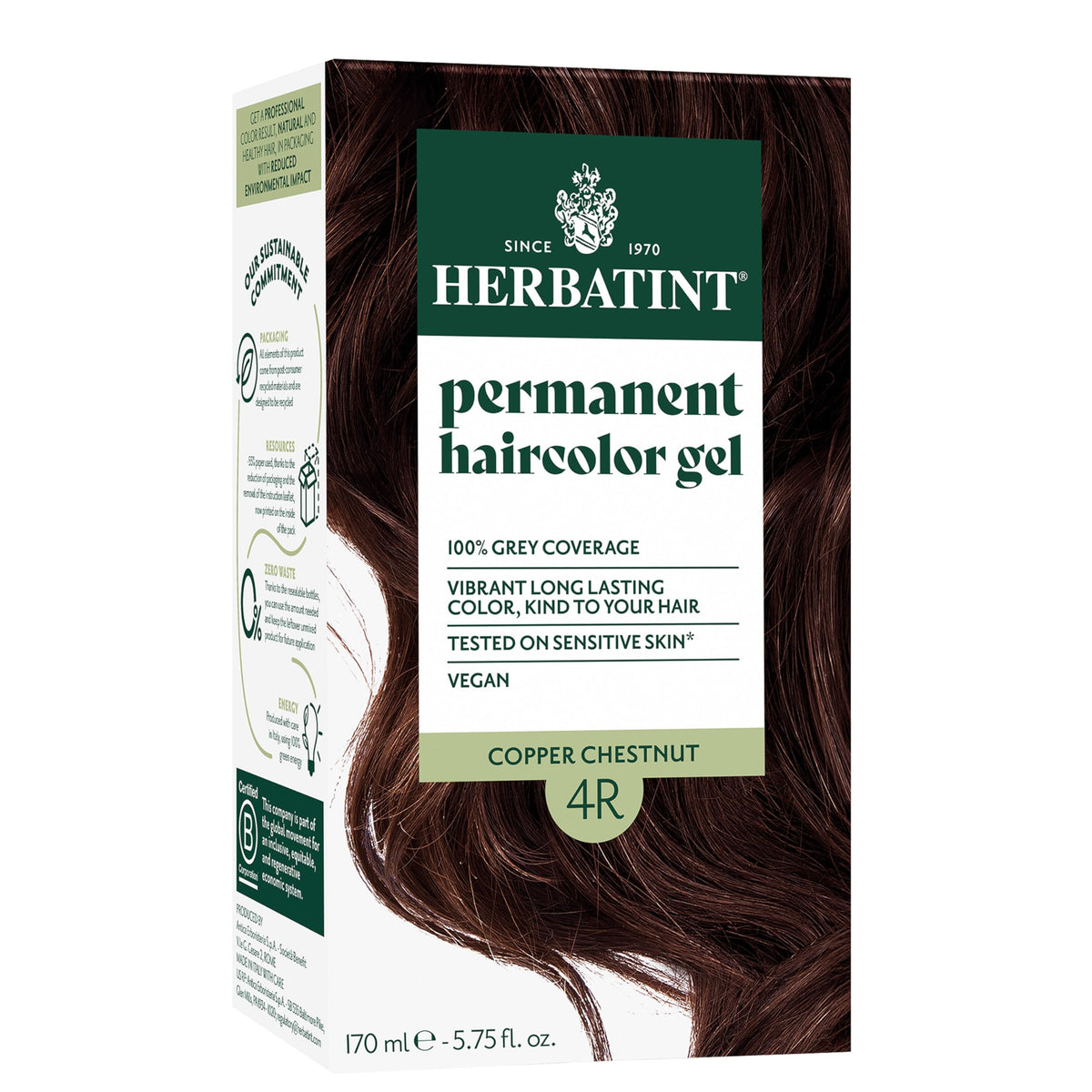 Herbatint 4R cobre castaño: botella de tinte permanente para cobertura de canas.